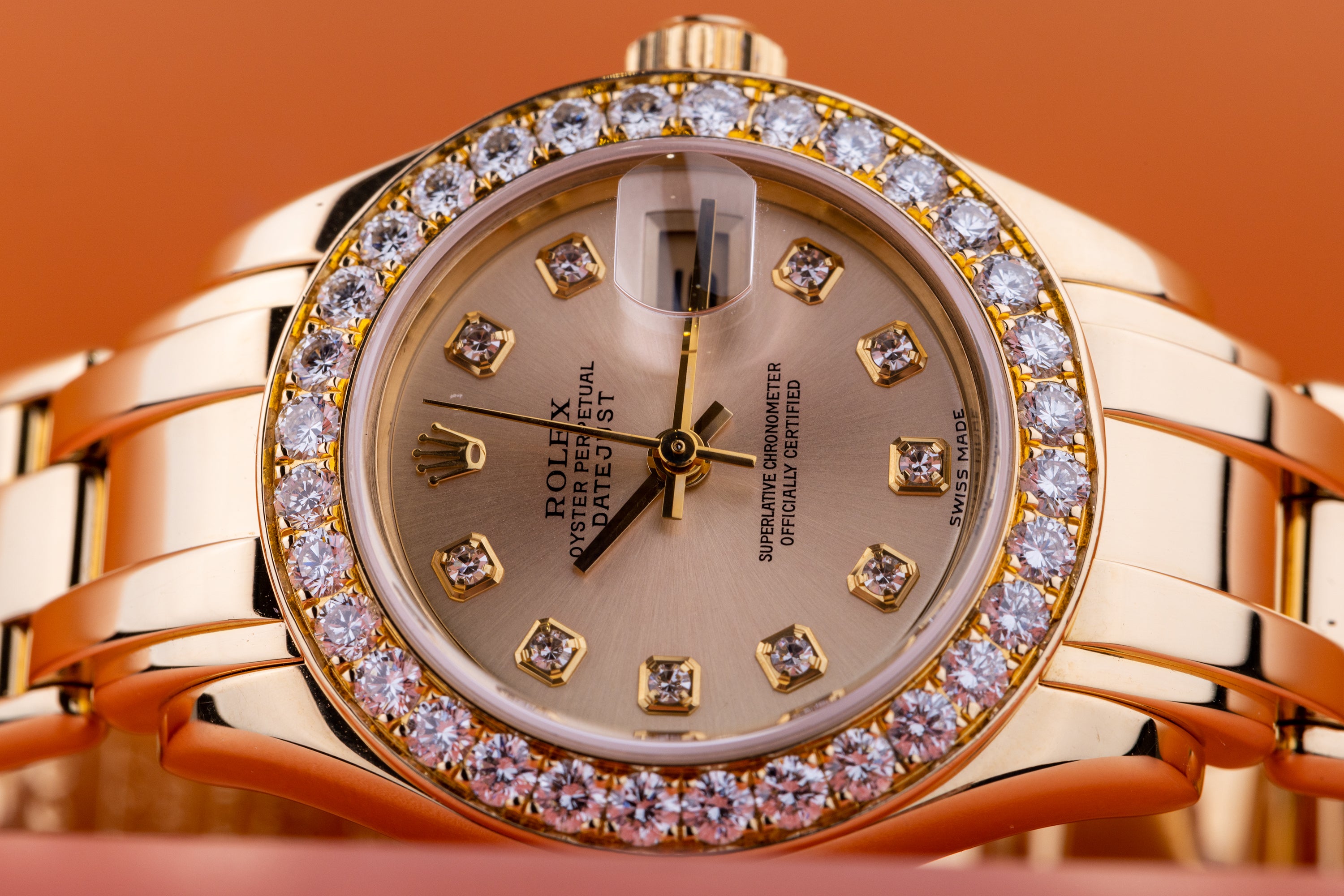 Rolex Lady DateJust Pearlmaster | REF. 80298 | Rose Champagne Dial | Diamond Hours & Bezel | Box & Papers | 18k Yellow Gold