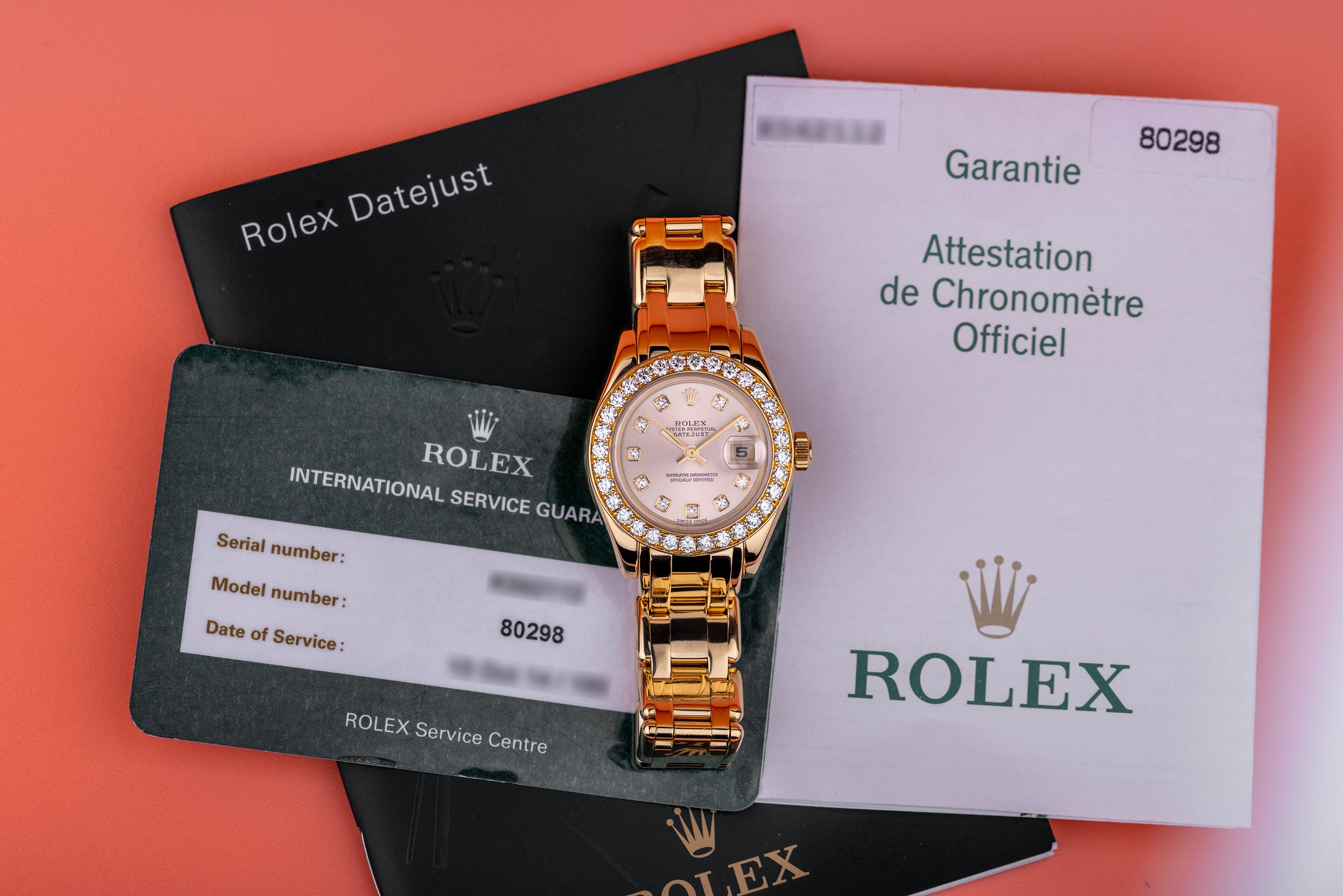 Rolex Lady DateJust Pearlmaster | REF. 80298 | Rose Champagne Dial | Diamond Hours & Bezel | Box & Papers | 18k Yellow Gold