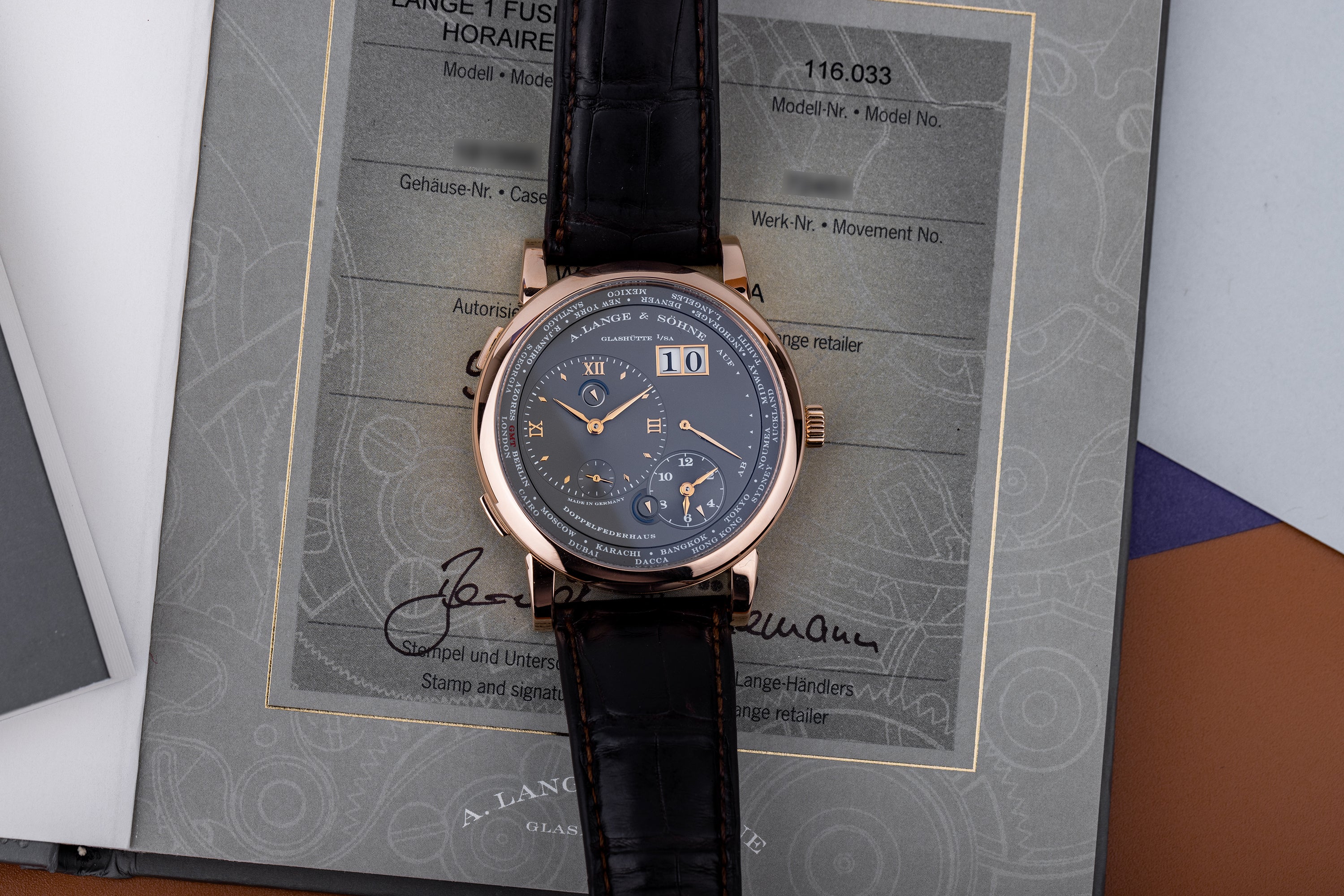 A. Lange & Söhne Lange 1 Time Zone | REF. 116.033 | 18k Rose Gold | Grey Dial | 2009 | Box & Papers