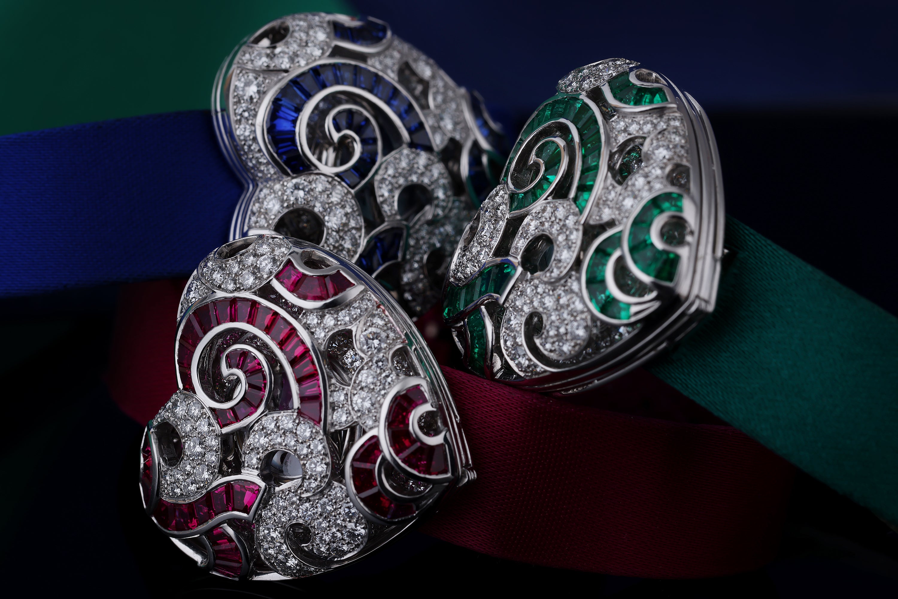 Rare Audemars Piguet Vintage Heart-Shaped Ladies Wristwatches | Set of 3 | REF. 67039BC | Emerald, Ruby & Sapphire Variety | Mother of Pearl Dial | 18k White Gold | Circa 1990's