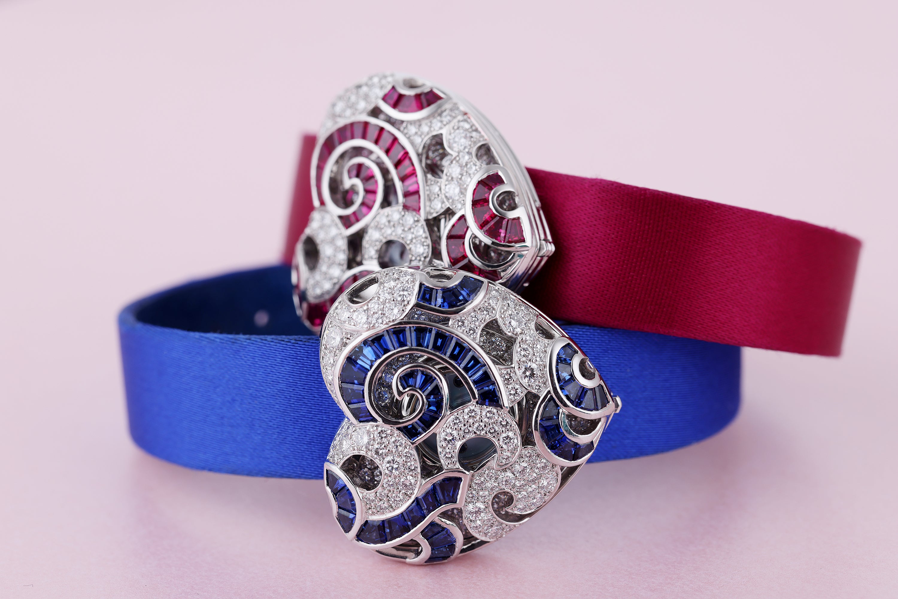 Rare Audemars Piguet Vintage Heart-Shaped Ladies Wristwatches | Set of 3 | REF. 67039BC | Emerald, Ruby & Sapphire Variety | Mother of Pearl Dial | 18k White Gold | Circa 1990's