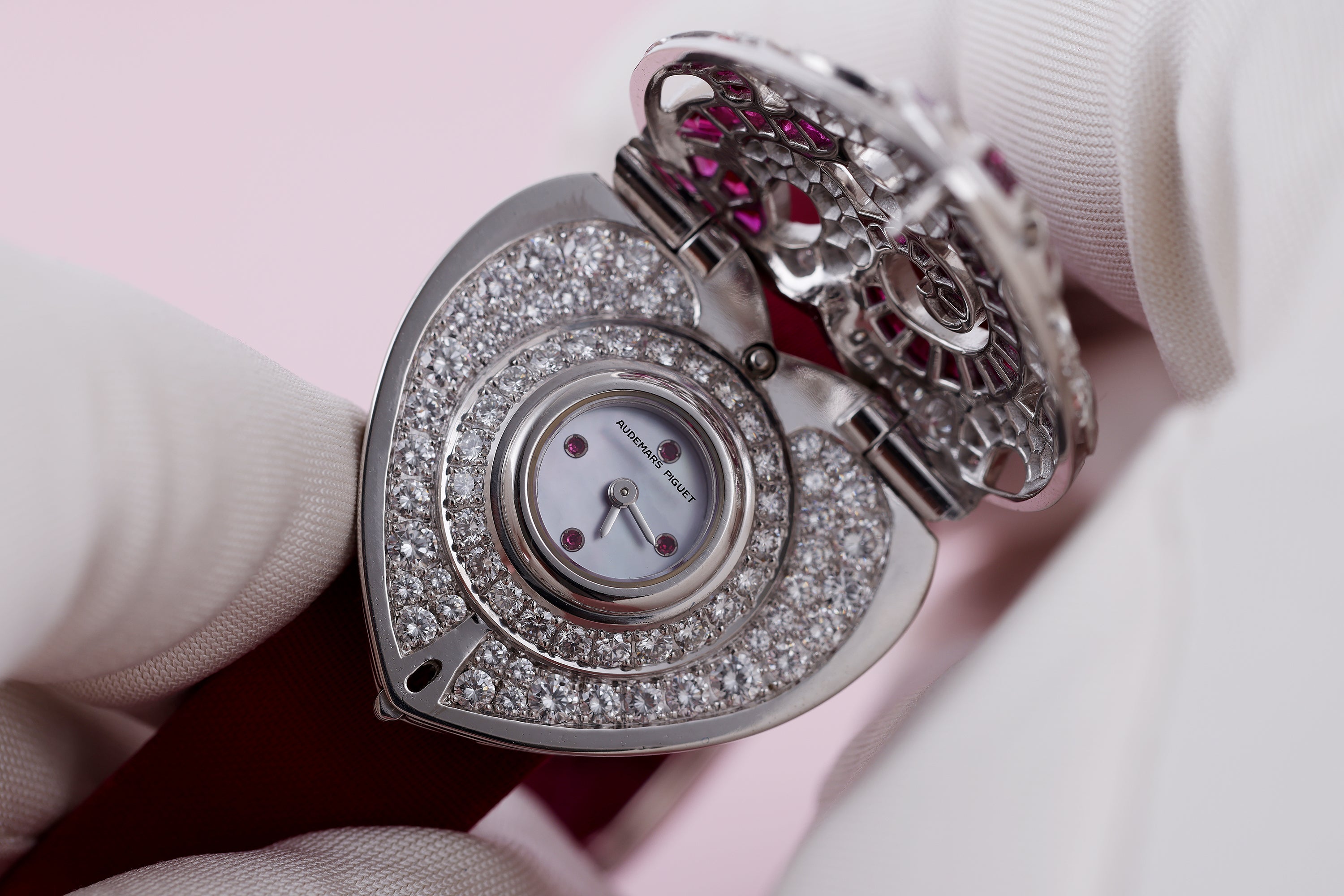 Rare Audemars Piguet Vintage Heart-Shaped Ladies Wristwatches | Set of 3 | REF. 67039BC | Emerald, Ruby & Sapphire Variety | Mother of Pearl Dial | 18k White Gold | Circa 1990's