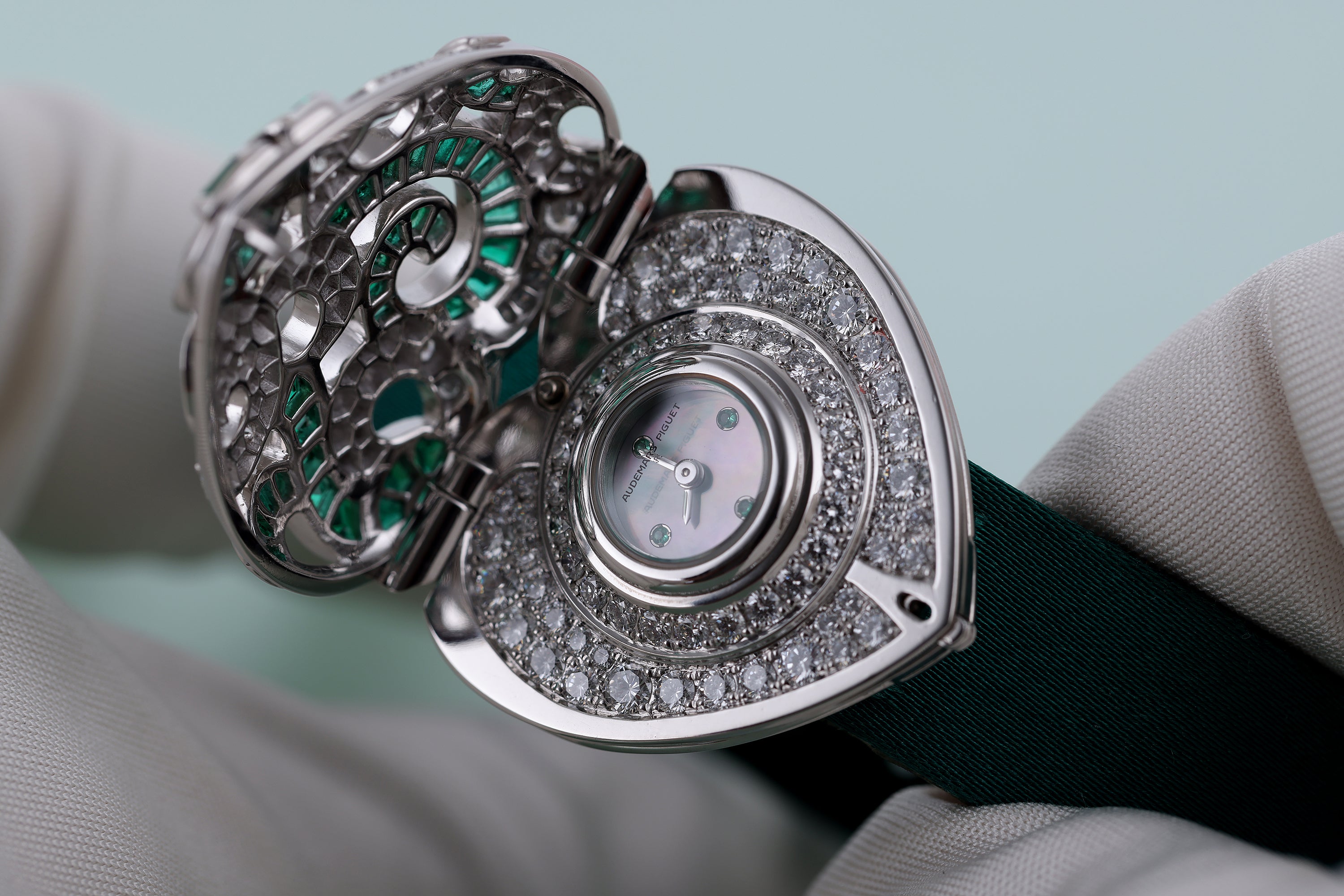 Rare Audemars Piguet Vintage Heart-Shaped Ladies Wristwatches | Set of 3 | REF. 67039BC | Emerald, Ruby & Sapphire Variety | Mother of Pearl Dial | 18k White Gold | Circa 1990's