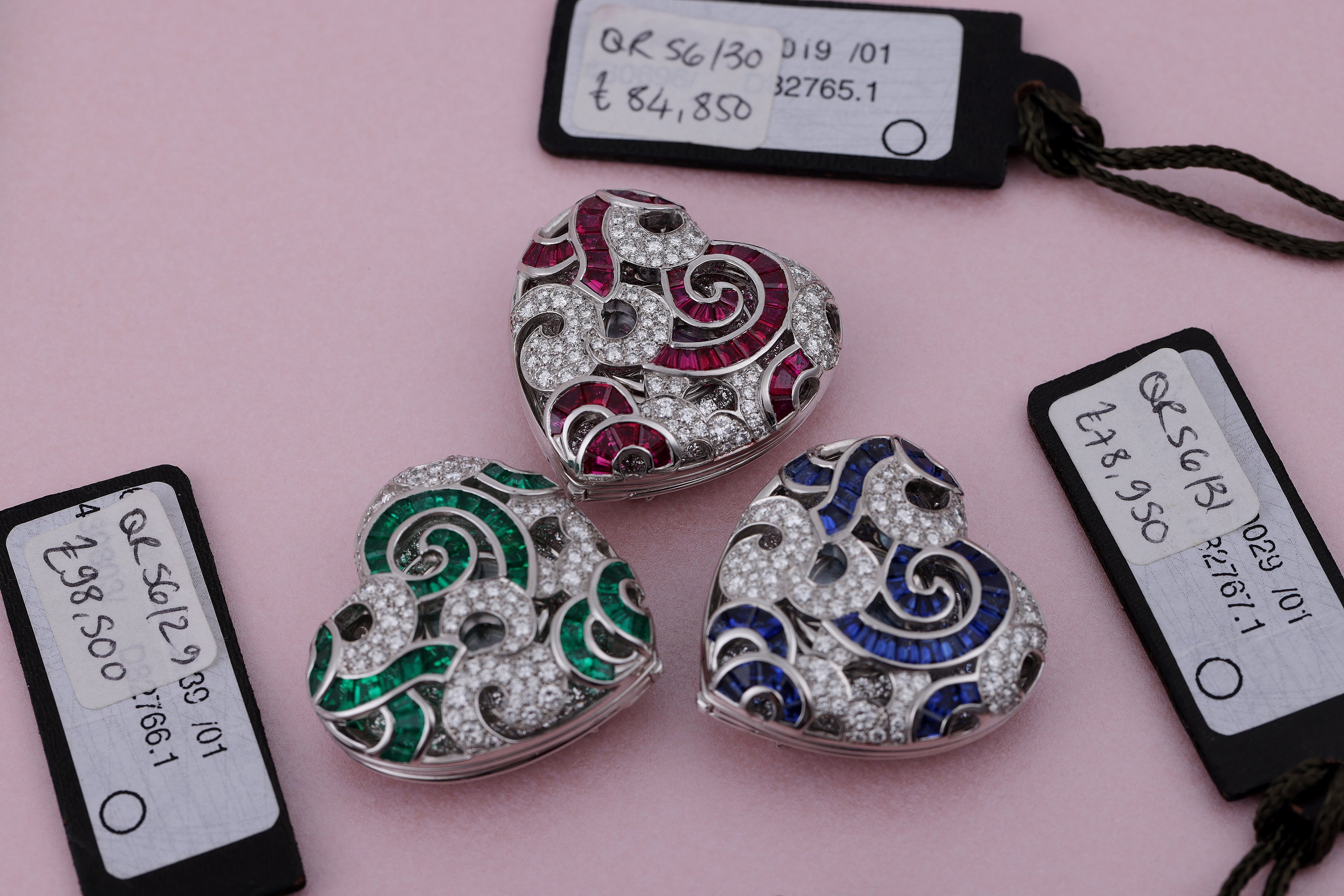 Rare Audemars Piguet Vintage Heart-Shaped Ladies Wristwatches | Set of 3 | REF. 67039BC | Emerald, Ruby & Sapphire Variety | Mother of Pearl Dial | 18k White Gold | Circa 1990's