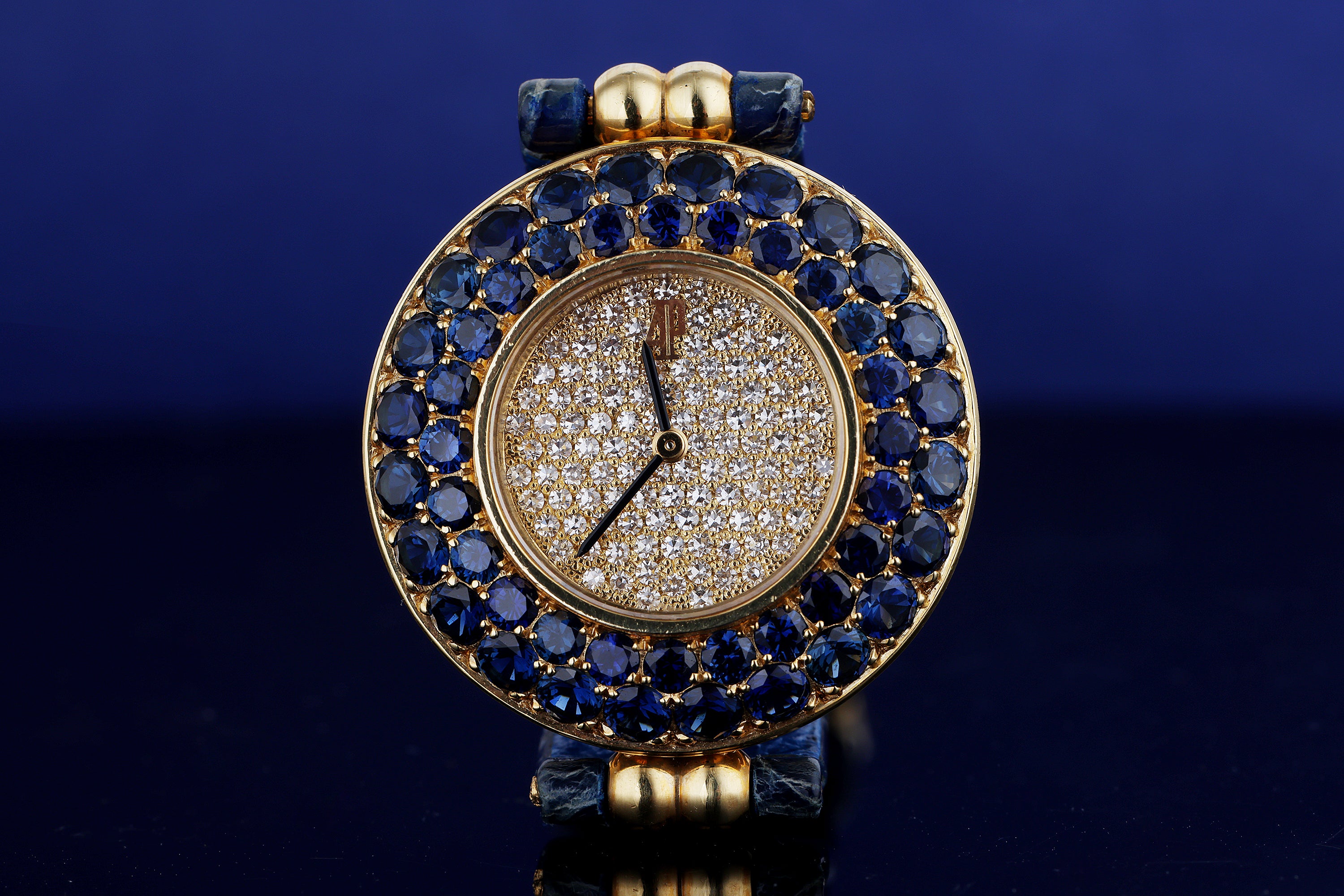 Audemars Piguet 1990s Ladies Watch | Pavé Diamond & Blue Sapphires | 18k Yellow Gold | 25.5mm