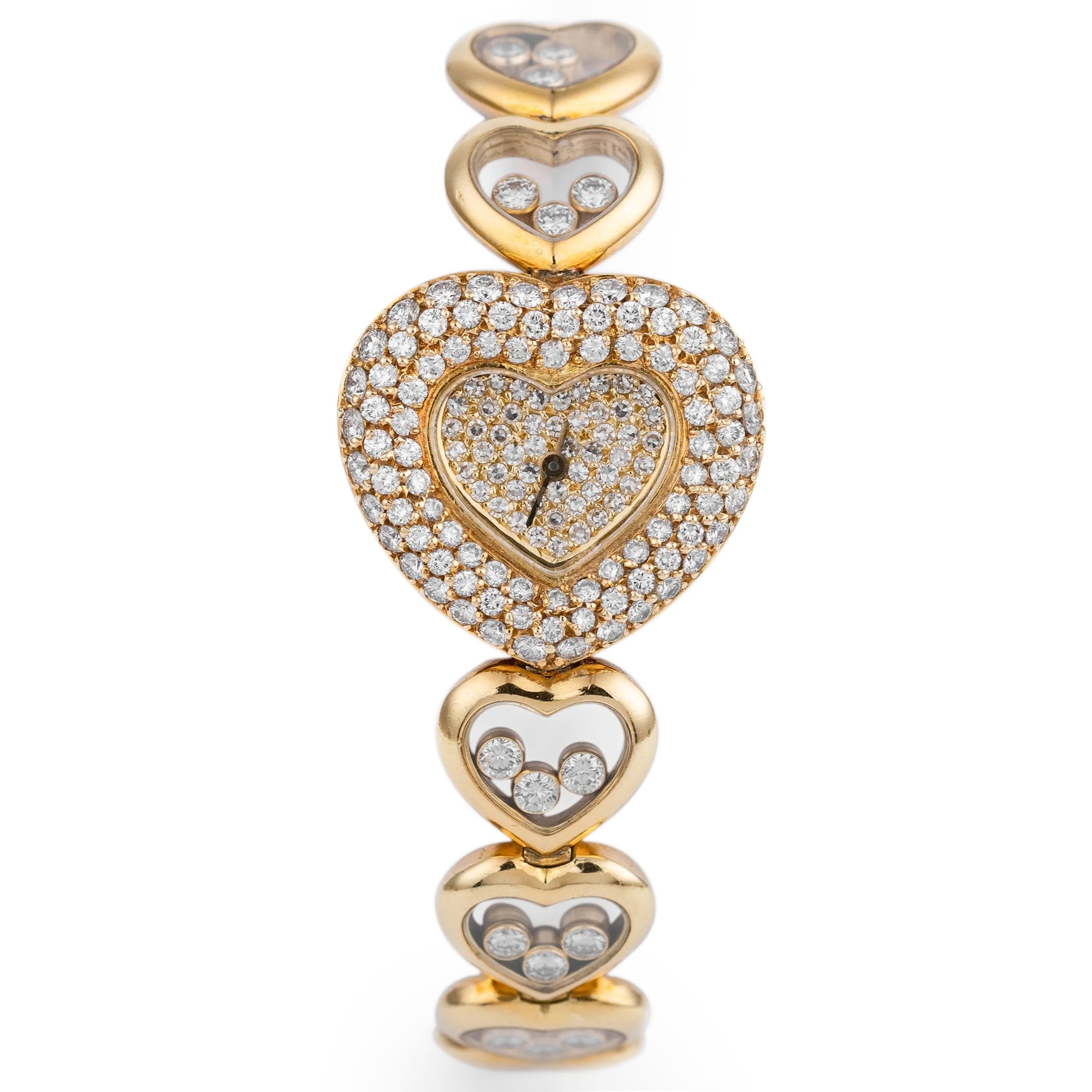 Unworn Rare Chopard Happy Diamonds | REF. 535 1 | Unique Heart Shaped Bracelet with Floating Diamonds, Pave Diamond Dial & Bezel | 18k Yellow Gold