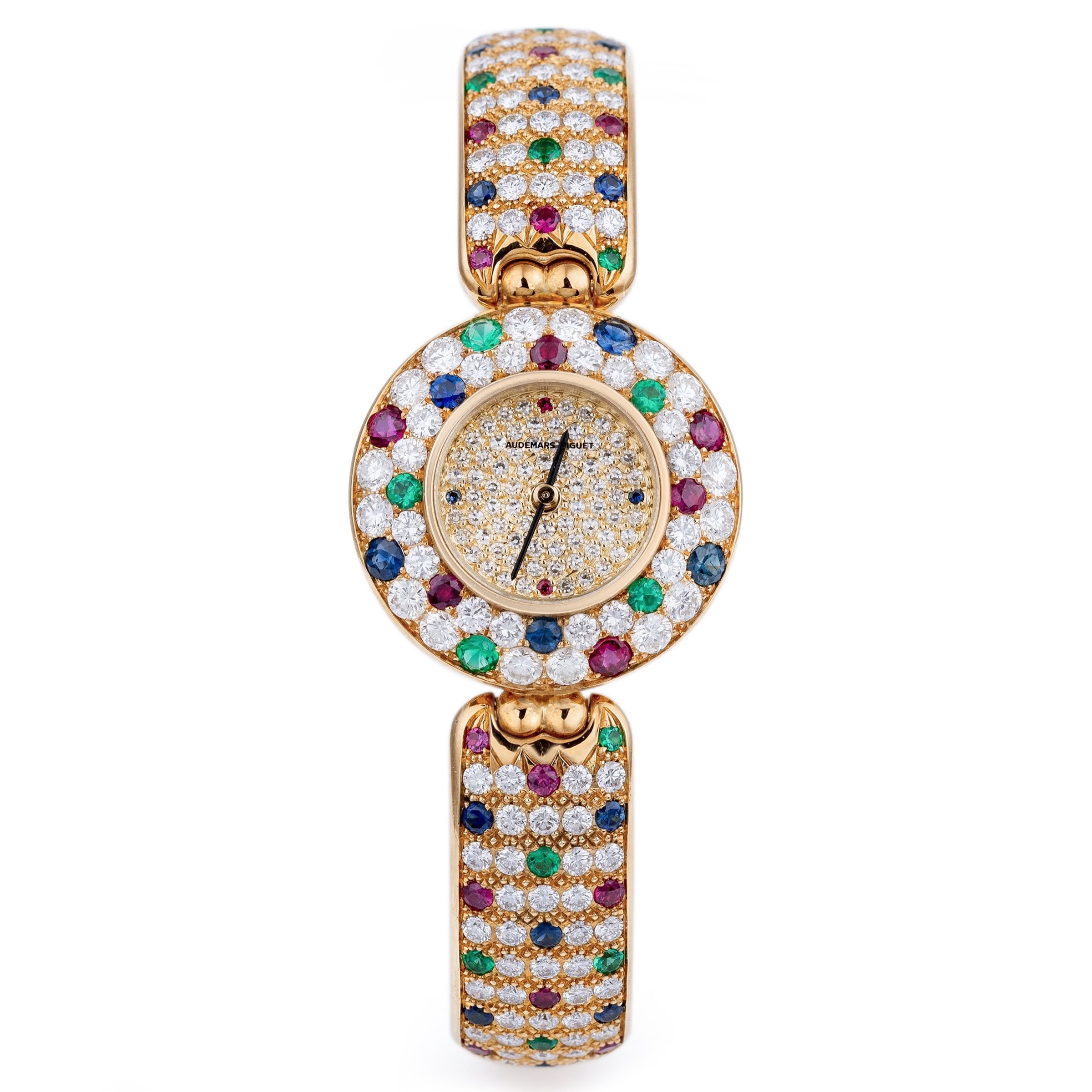 Unworn Extremely Rare Audemars Piguet Lady Wristwatch | Unique Pave Diamonds, Emeralds, Sapphires & Rubies | 18k Yellow Gold