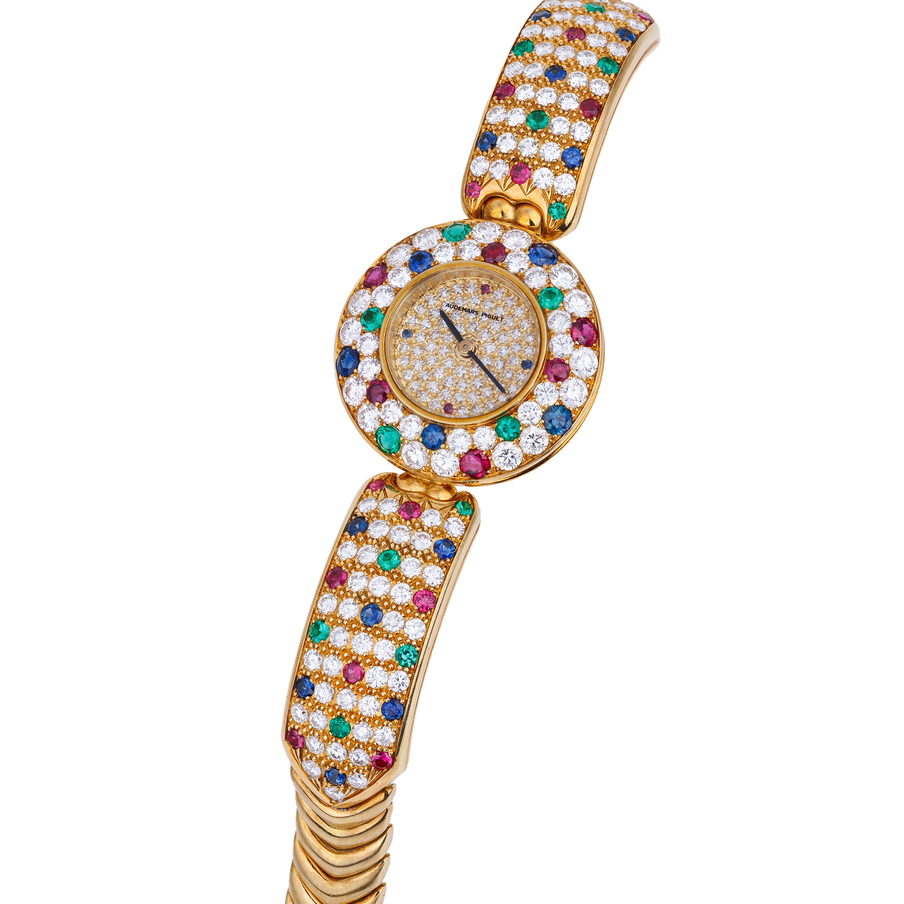 Unworn Extremely Rare Audemars Piguet Lady Wristwatch | Unique Pave Diamonds, Emeralds, Sapphires & Rubies | 18k Yellow Gold