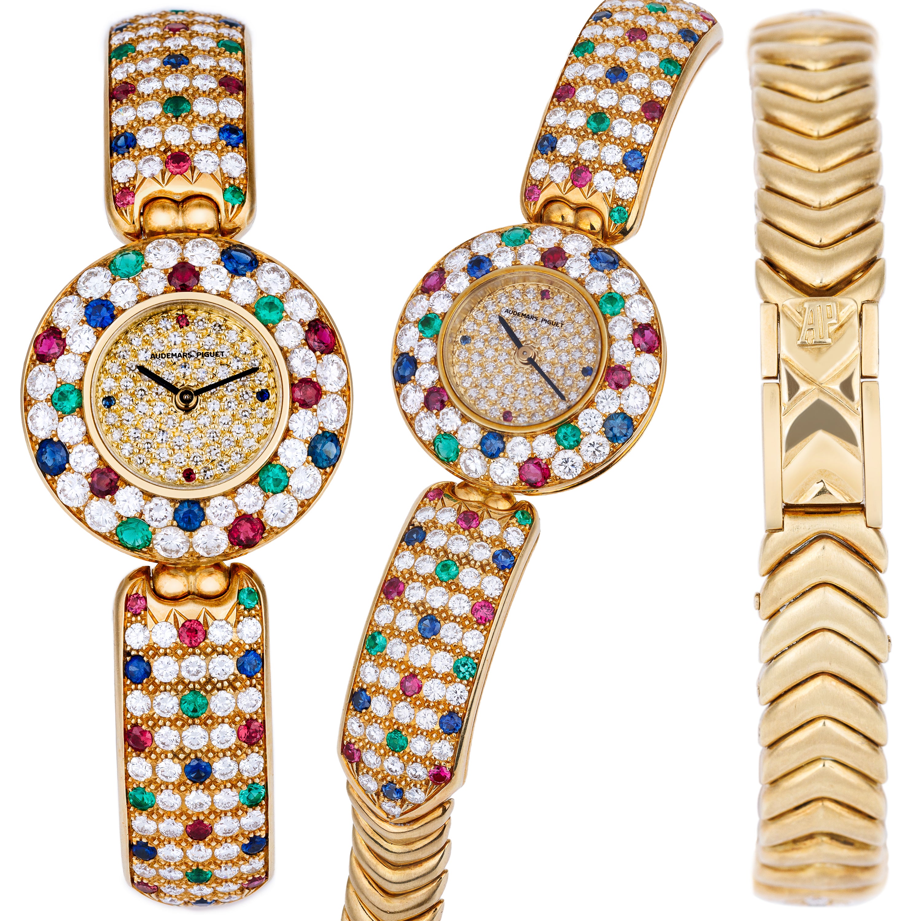 Unworn Extremely Rare Audemars Piguet Lady Wristwatch | Unique Pave Diamonds, Emeralds, Sapphires & Rubies | 18k Yellow Gold