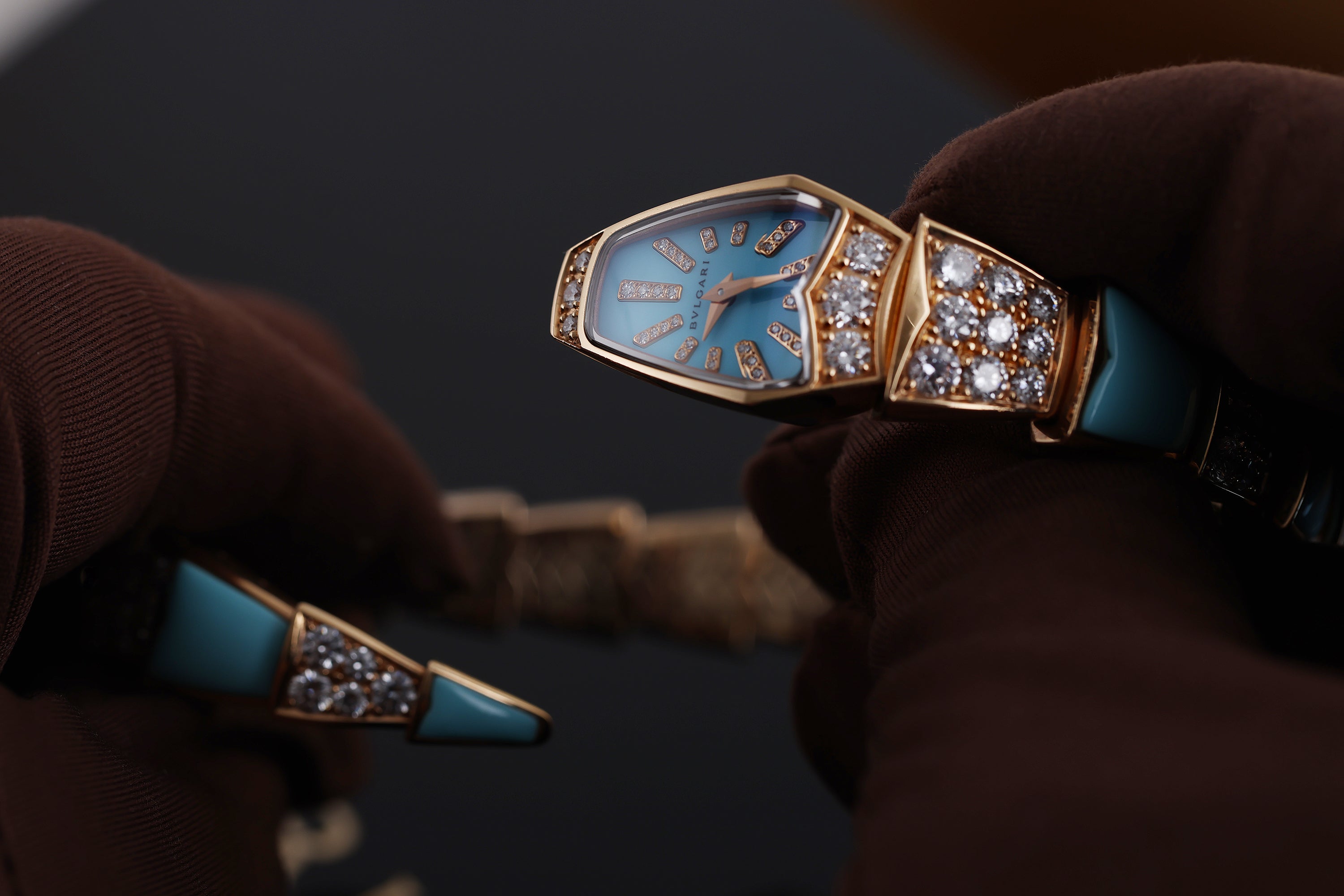 Rare Bvlgari Serpenti Scaglie | SP P 26 G | Lacquered Turquoise Dial & Bracelet with Diamonds | 18k Rose Gold | Limited 89 Pieces