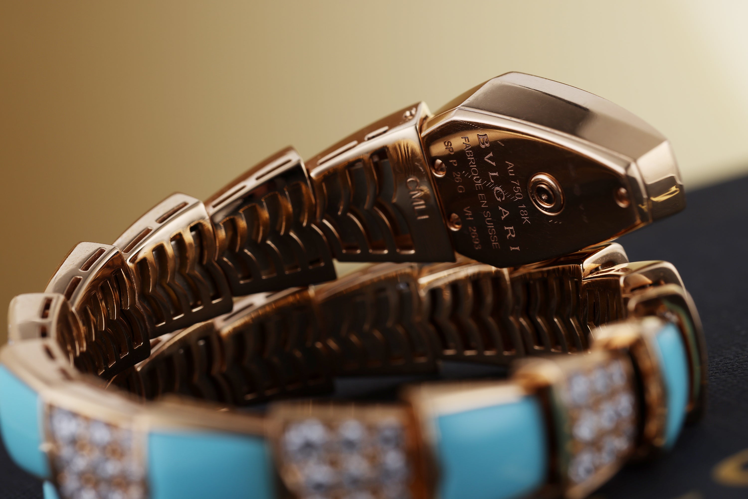 Rare Bvlgari Serpenti Scaglie | SP P 26 G | Lacquered Turquoise Dial & Bracelet with Diamonds | 18k Rose Gold | Limited 89 Pieces