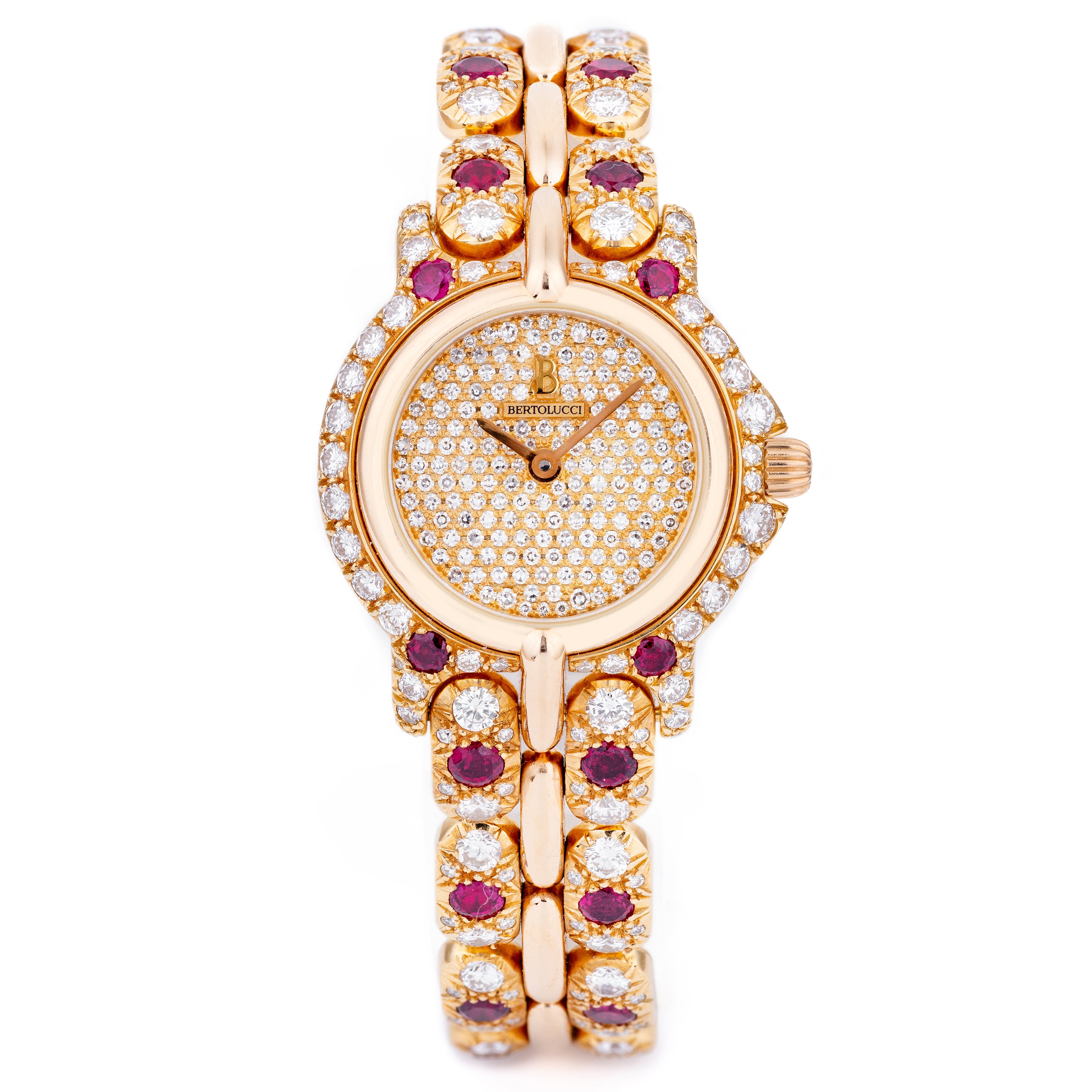 Unworn & Rare Bertolucci Pulchra Ladies Wristwatch | REF. 111.8055.68 | 18k Yellow Gold | Pave Diamond Dial, Ruby & Diamond Bracelet