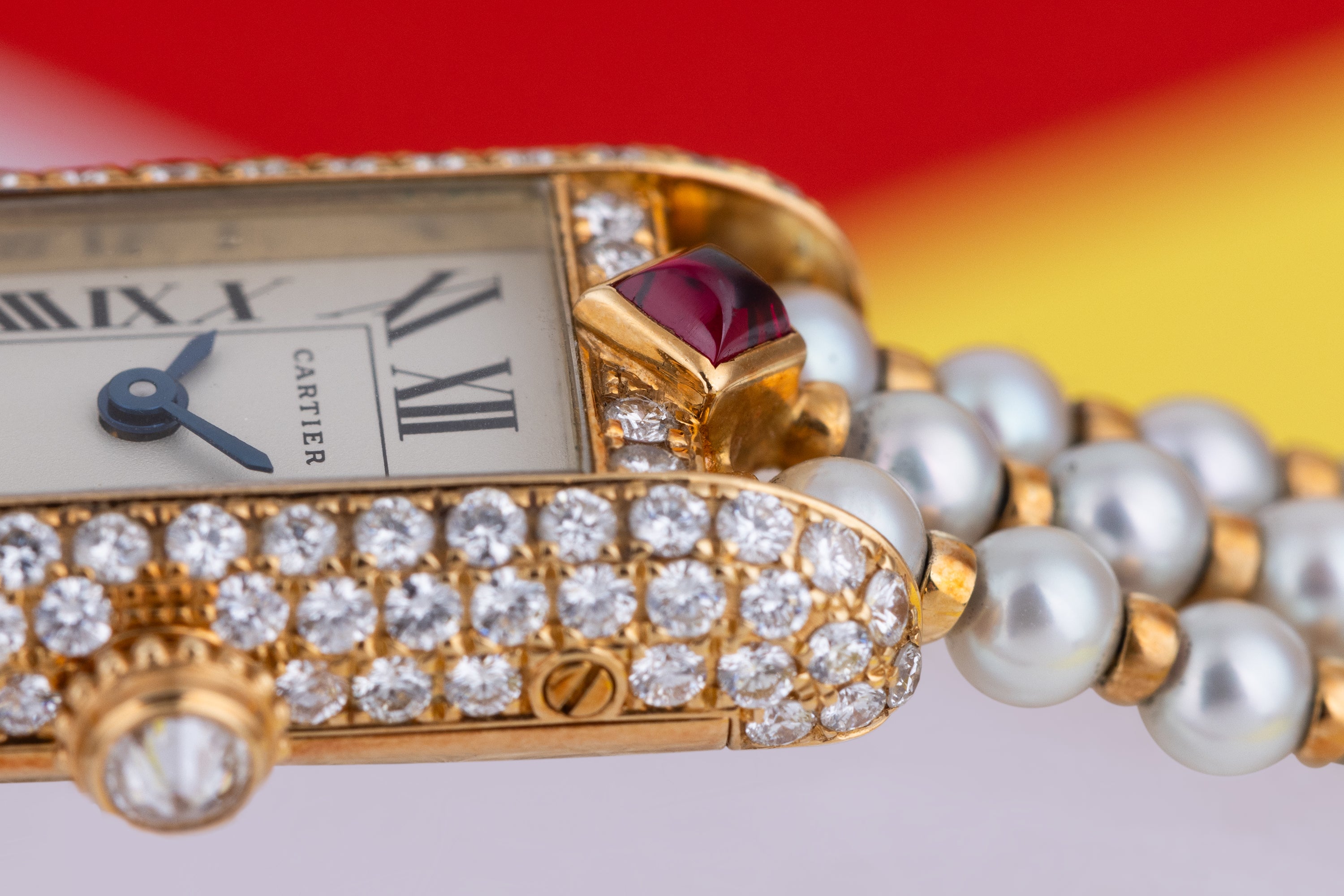 Rare Cartier Pearl Mini Tank Quartz | REF. 828006 | 14mm | Pearl Integrated Bracelet | Ruby & Diamonds | 18k Yellow Gold