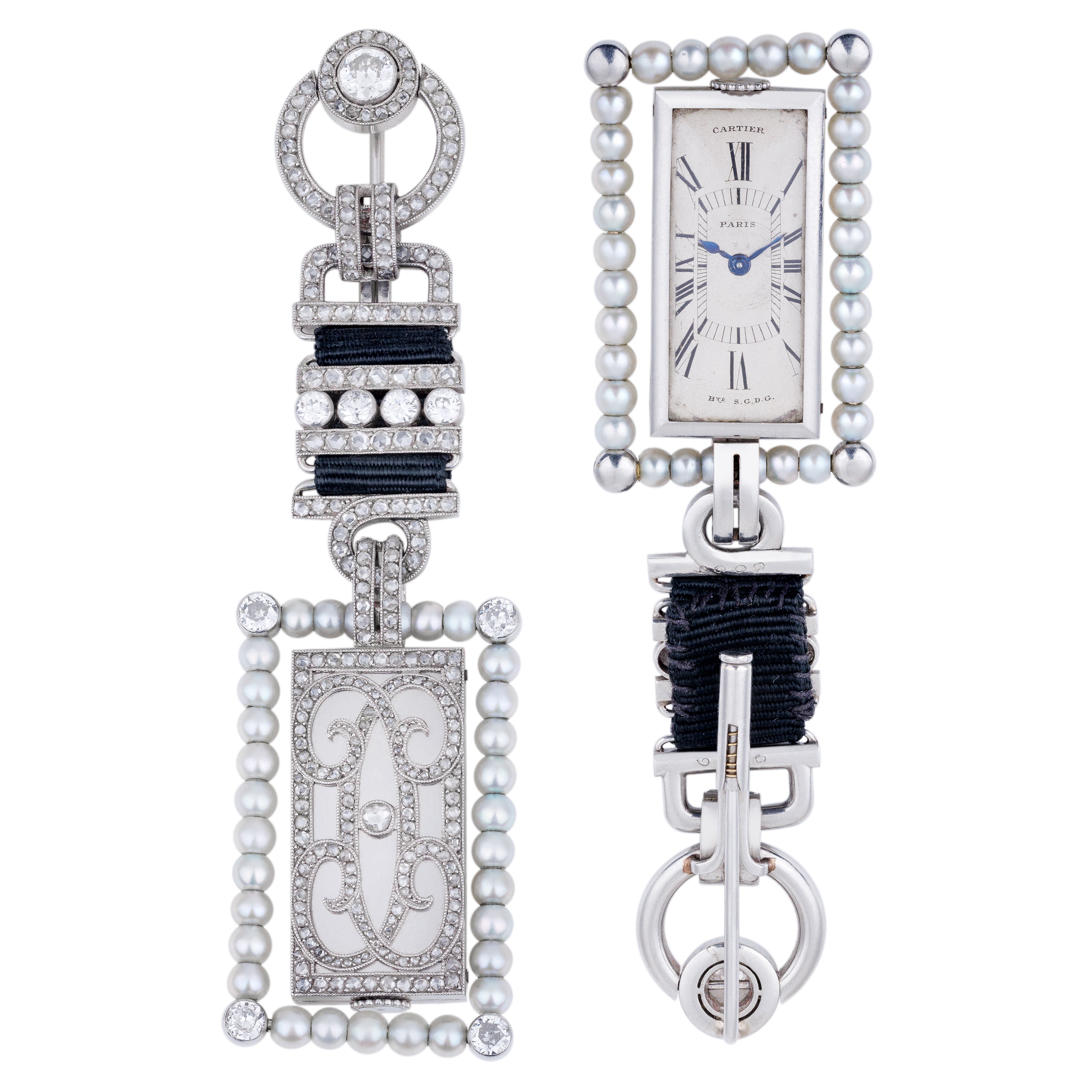 Rare Reversible Cartier Brooch & Watch | 1925 - Art Deco | Pearl & Diamonds | Platinum | Pendant, Watch & Desk Clock