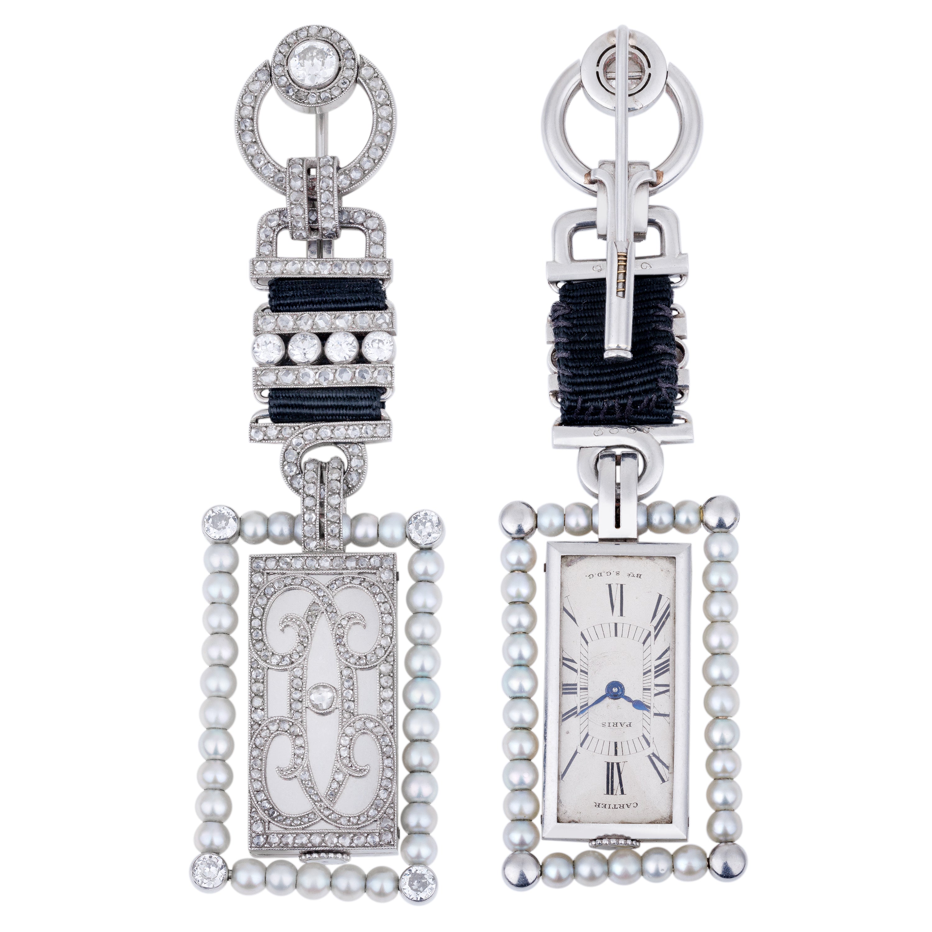 Rare Reversible Cartier Brooch & Watch | 1925 - Art Deco | Pearl & Diamonds | Platinum | Pendant, Watch & Desk Clock