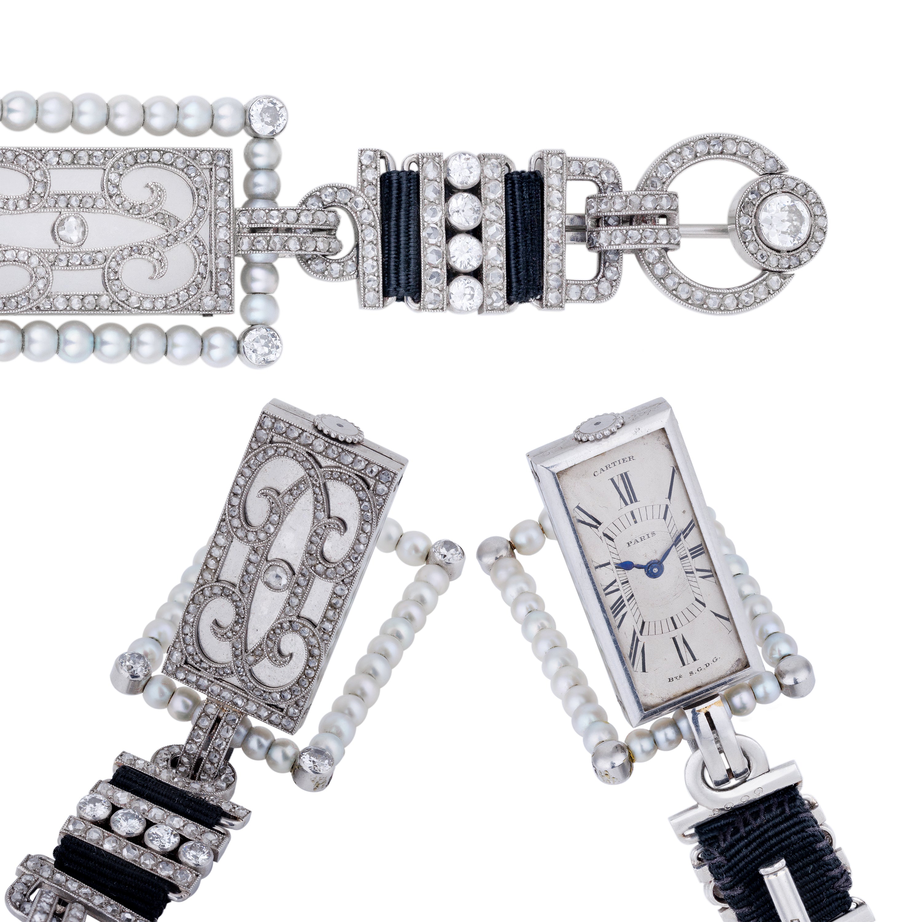 Rare Reversible Cartier Brooch & Watch | 1925 - Art Deco | Pearl & Diamonds | Platinum | Pendant, Watch & Desk Clock
