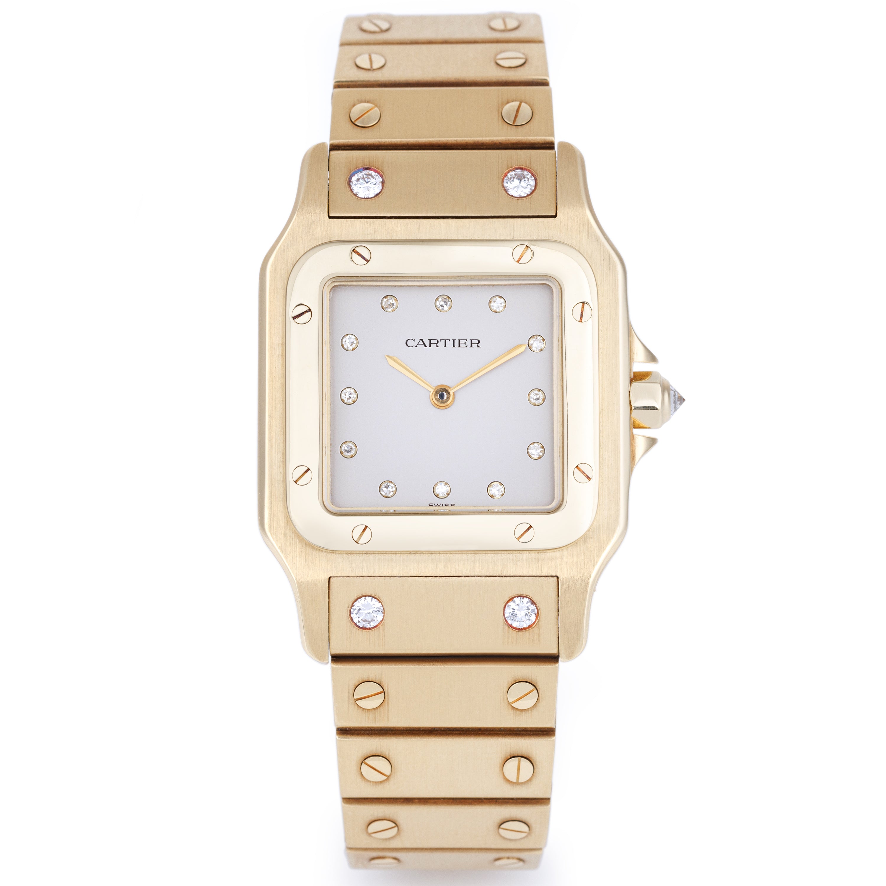 Cartier Santos Carrée Automatique | REF. 2960 | Ivory Grey Diamond Dial | Diamond End-links | 18k Yellow Gold | 29mm | 1980's
