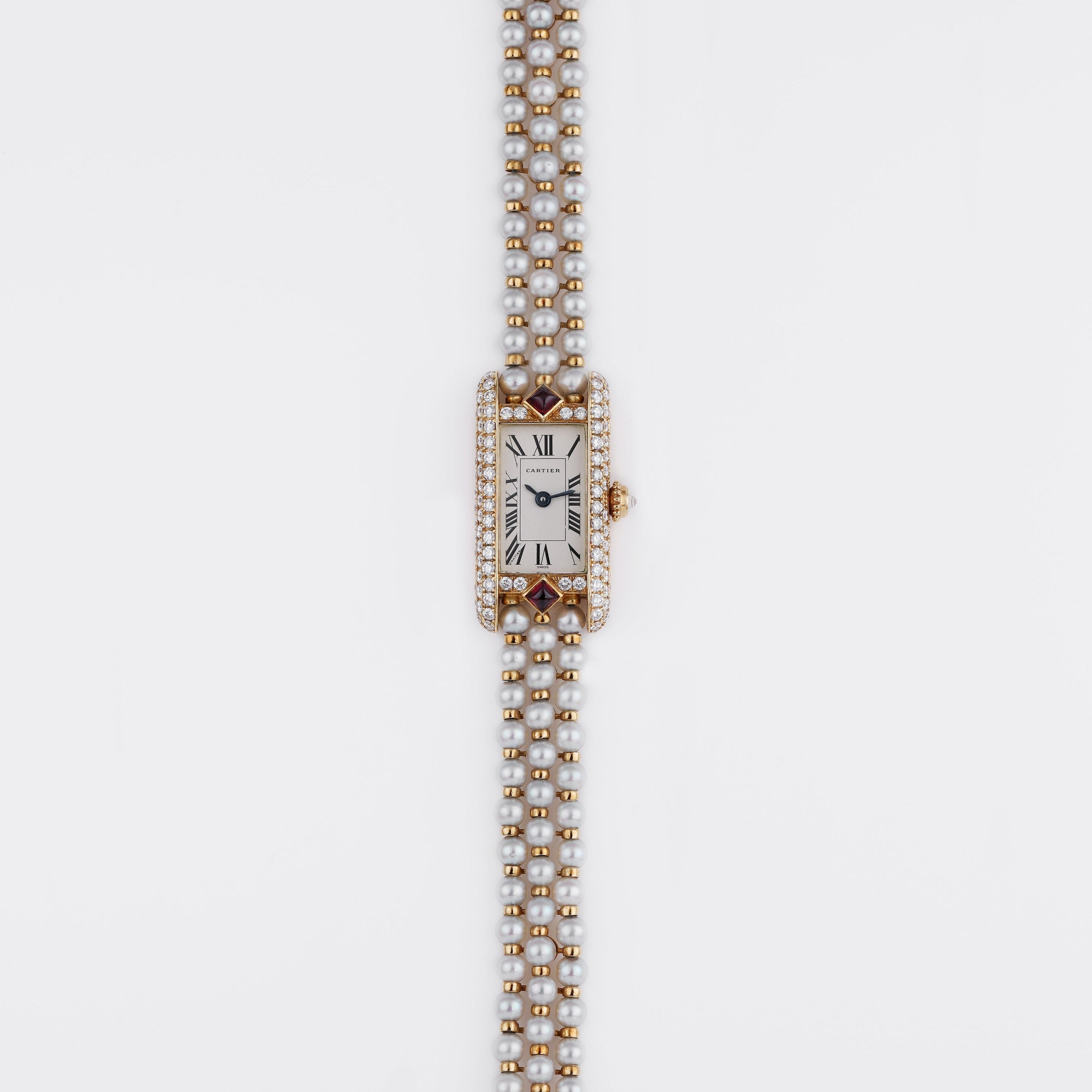 Rare Cartier Pearl Mini Tank Quartz | REF. 828006 | 14mm | Pearl Integrated Bracelet | Ruby & Diamonds | 18k Yellow Gold