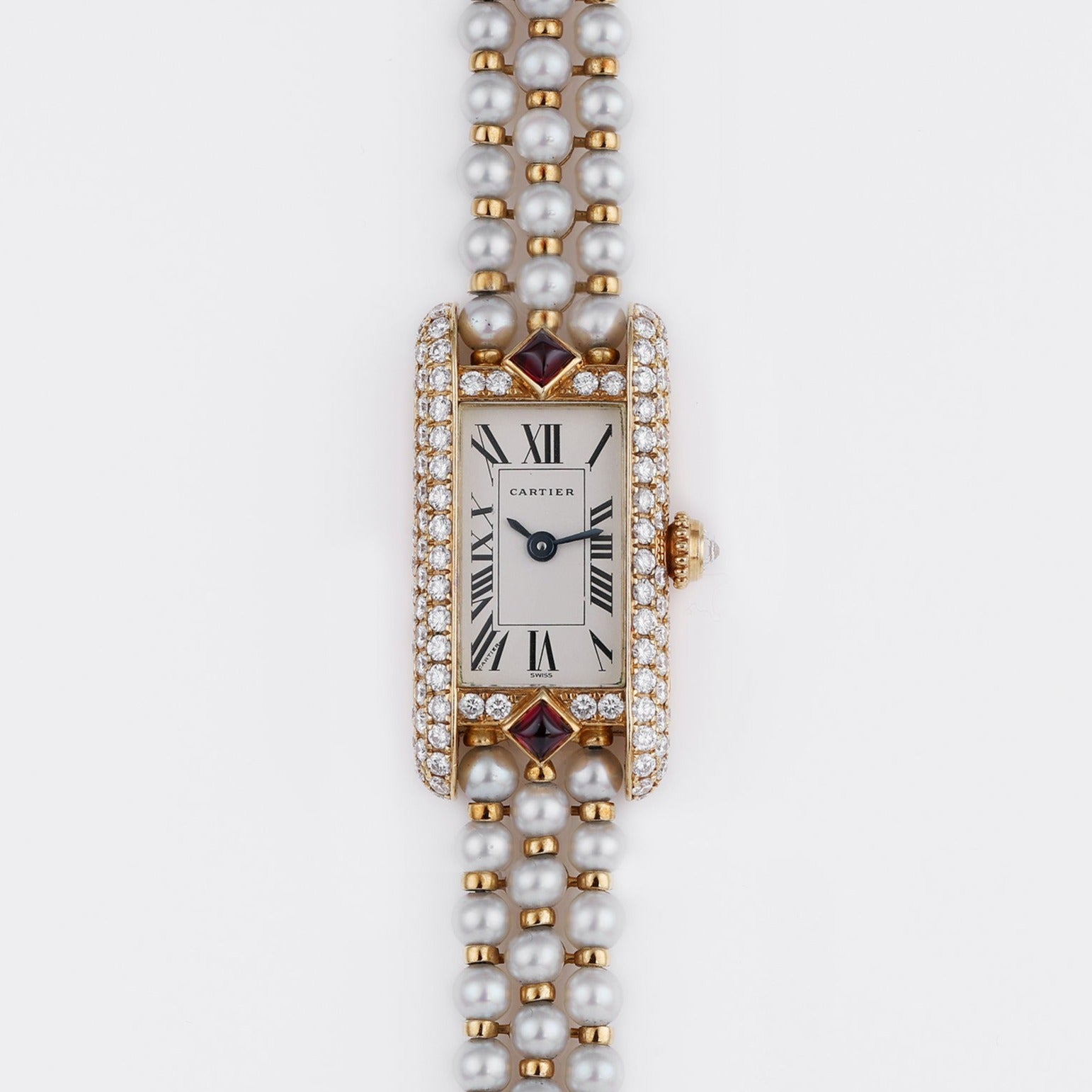 Rare Cartier Pearl Mini Tank Quartz | REF. 828006 | 14mm | Pearl Integrated Bracelet | Ruby & Diamonds | 18k Yellow Gold