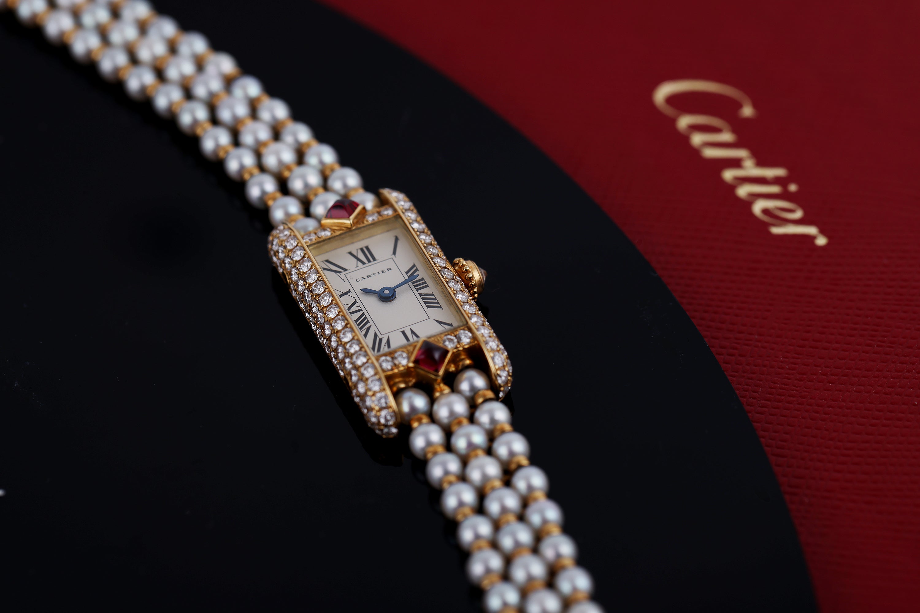 Rare Cartier Pearl Mini Tank Quartz | REF. 828006 | 14mm | Pearl Integrated Bracelet | Ruby & Diamonds | 18k Yellow Gold
