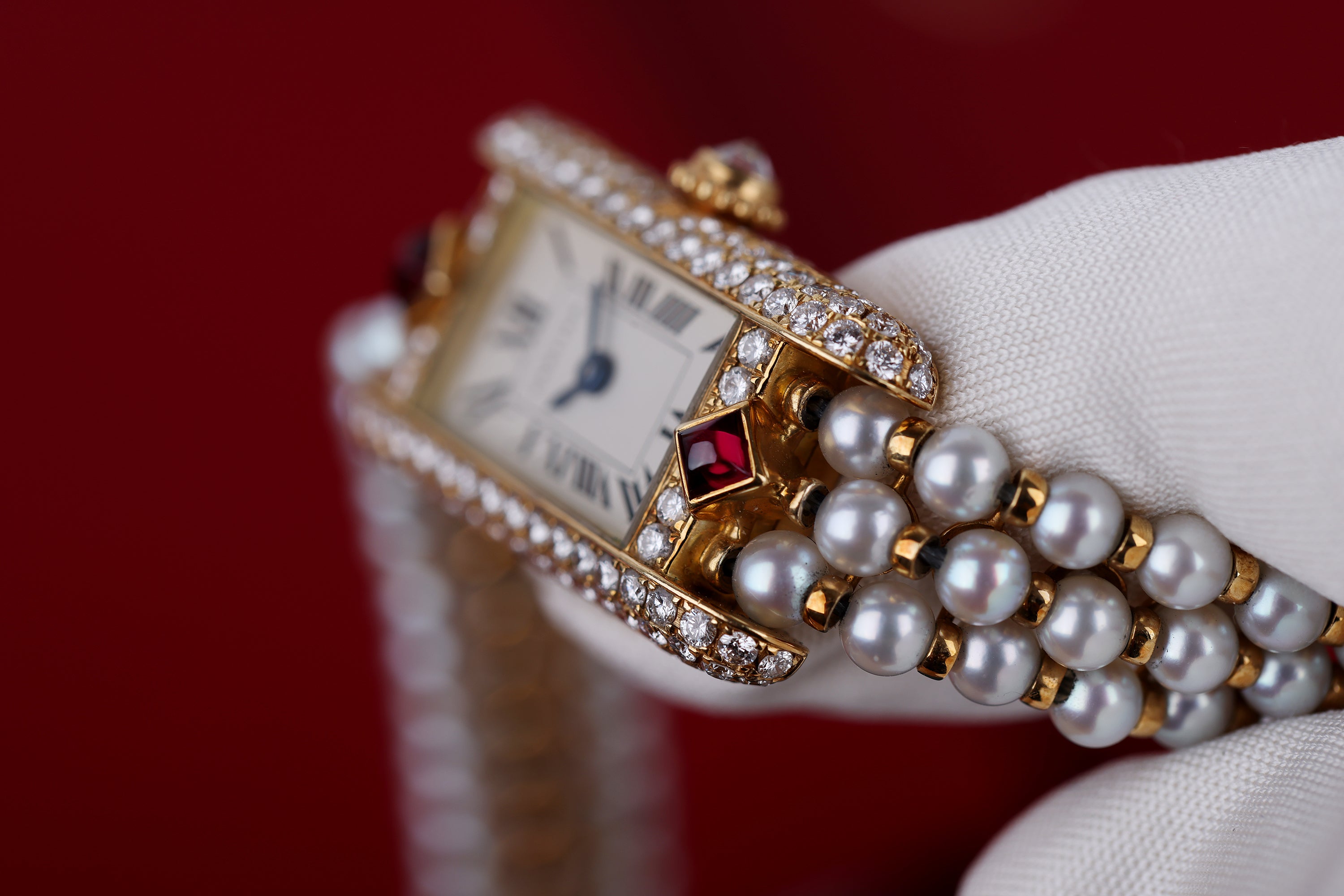 Rare Cartier Pearl Mini Tank Quartz | REF. 828006 | 14mm | Pearl Integrated Bracelet | Ruby & Diamonds | 18k Yellow Gold