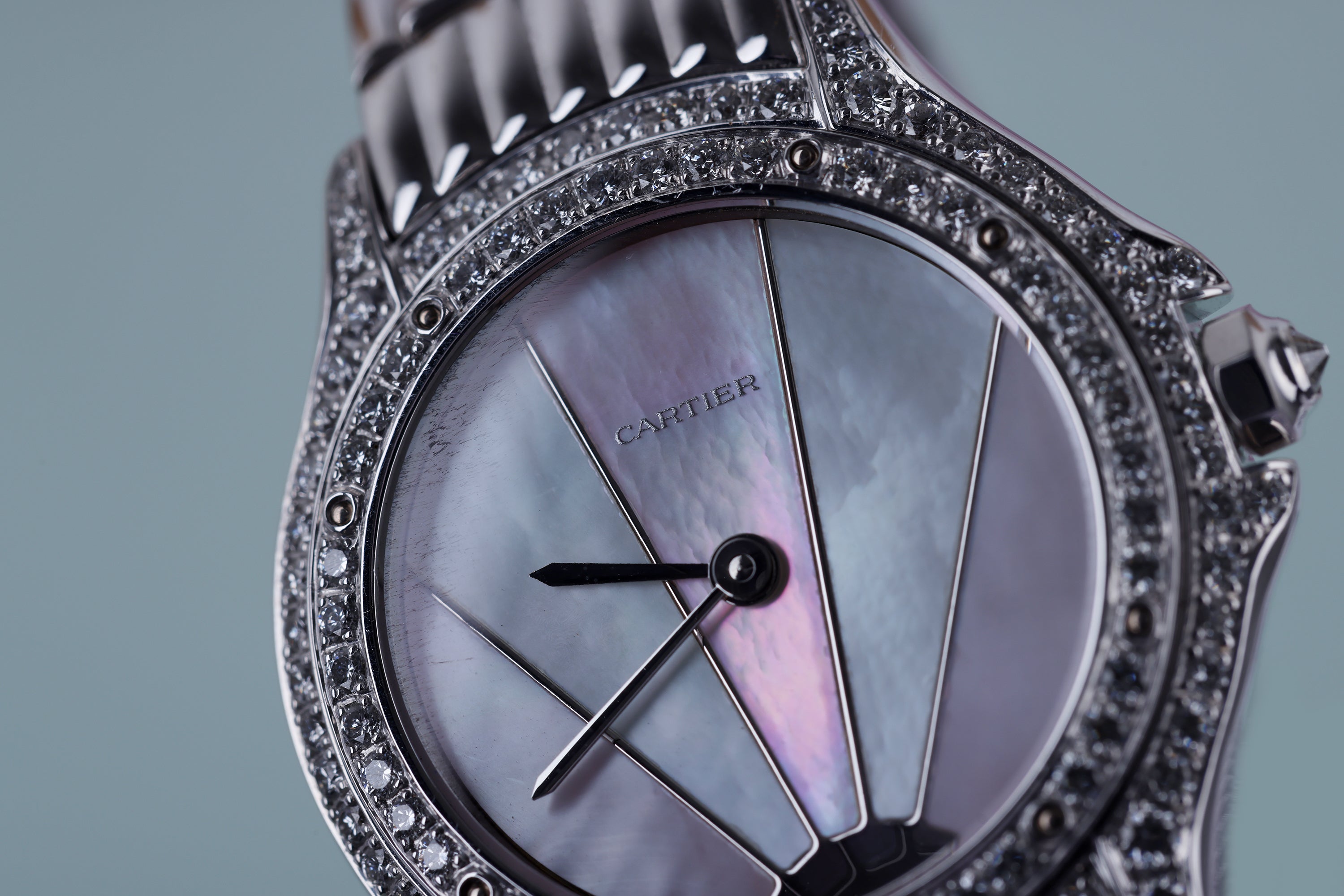 Unworn Cartier Cougar | REF. 387907 | Art Deco Mother of Pearl Dial | Diamond Bezel & Shoulders | 26mm | 18k White Gold | Circa 1990's