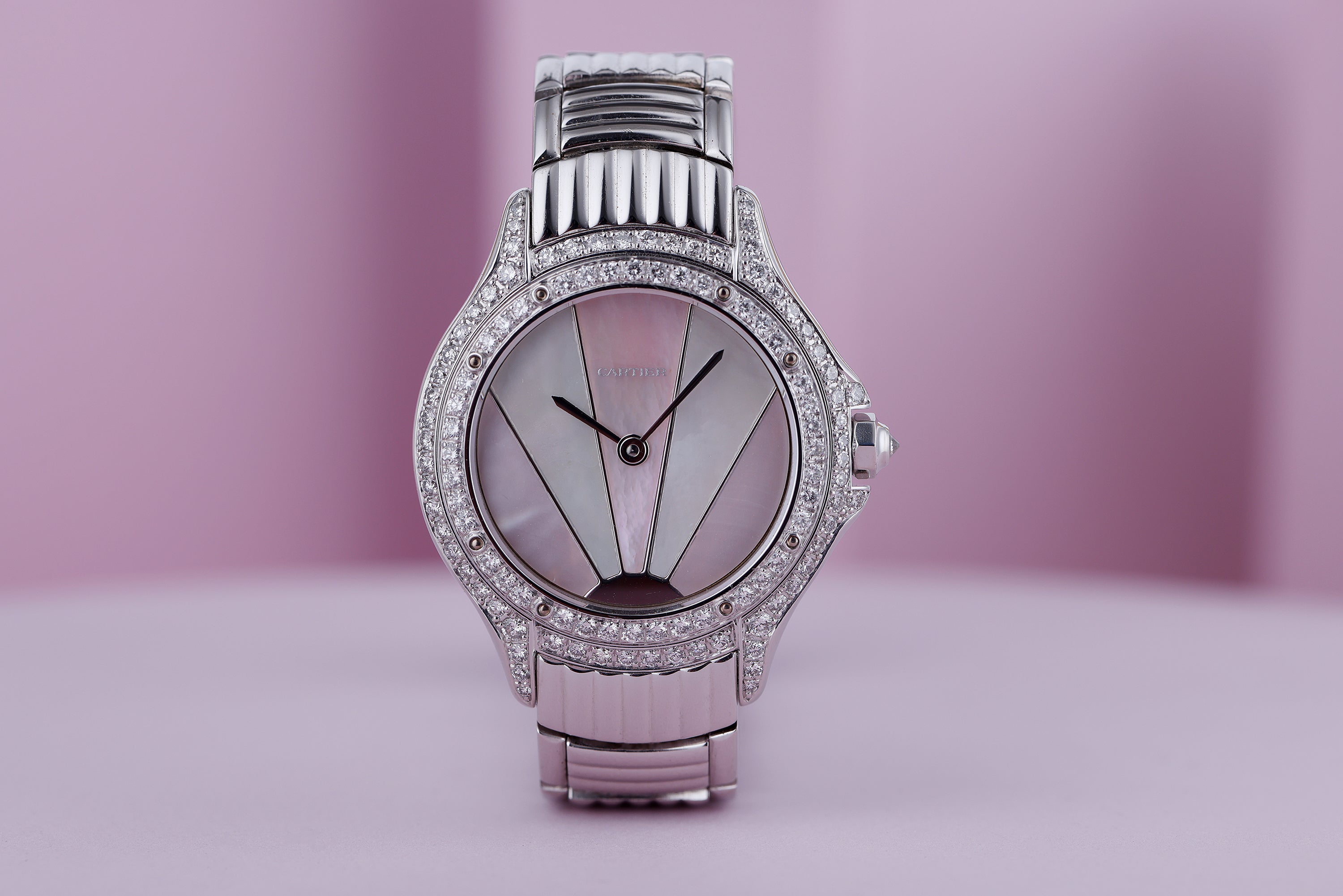 Unworn Cartier Cougar | REF. 387907 | Art Deco Mother of Pearl Dial | Diamond Bezel & Shoulders | 26mm | 18k White Gold | Circa 1990's