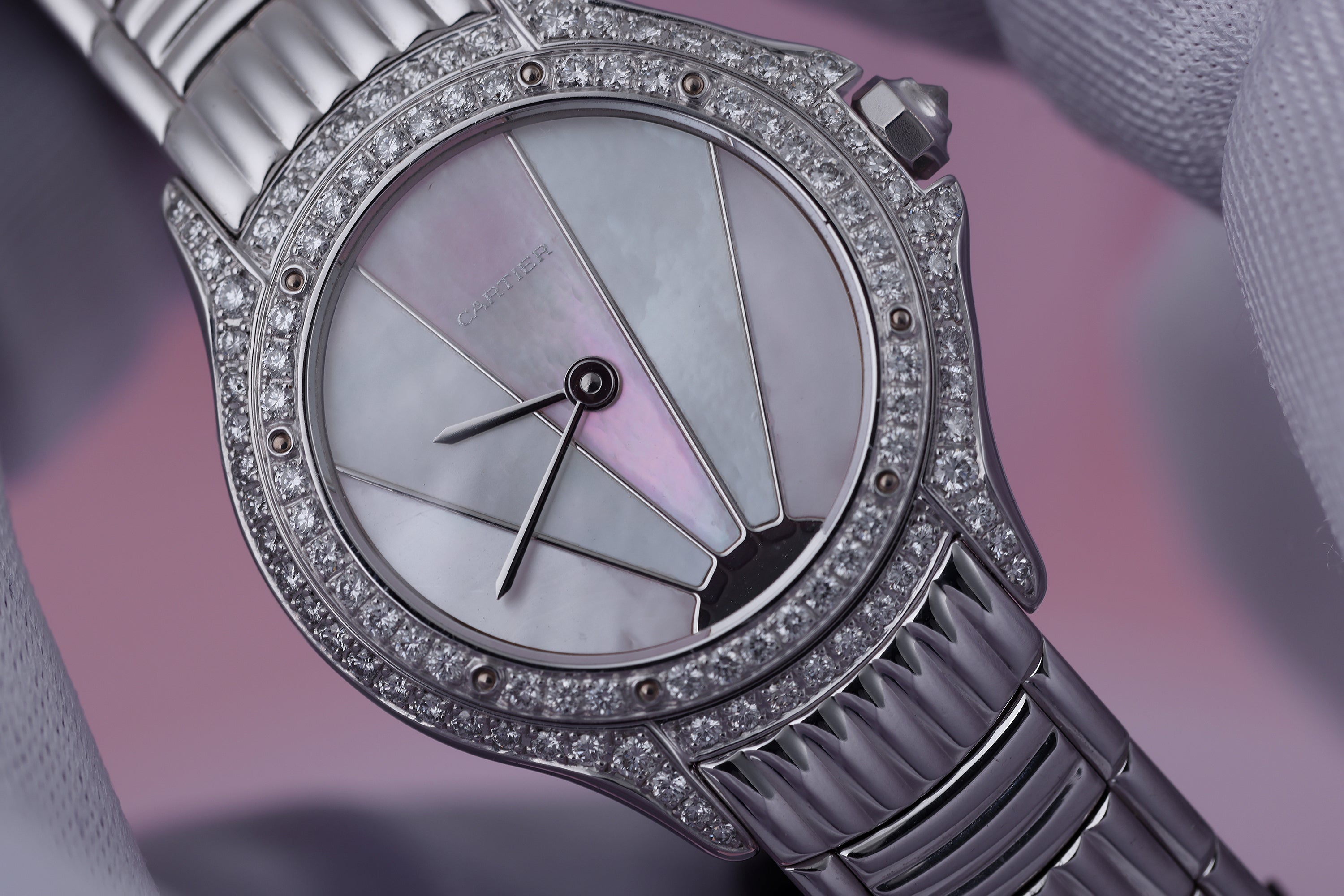 Unworn Cartier Cougar | REF. 387907 | Art Deco Mother of Pearl Dial | Diamond Bezel & Shoulders | 26mm | 18k White Gold | Circa 1990's