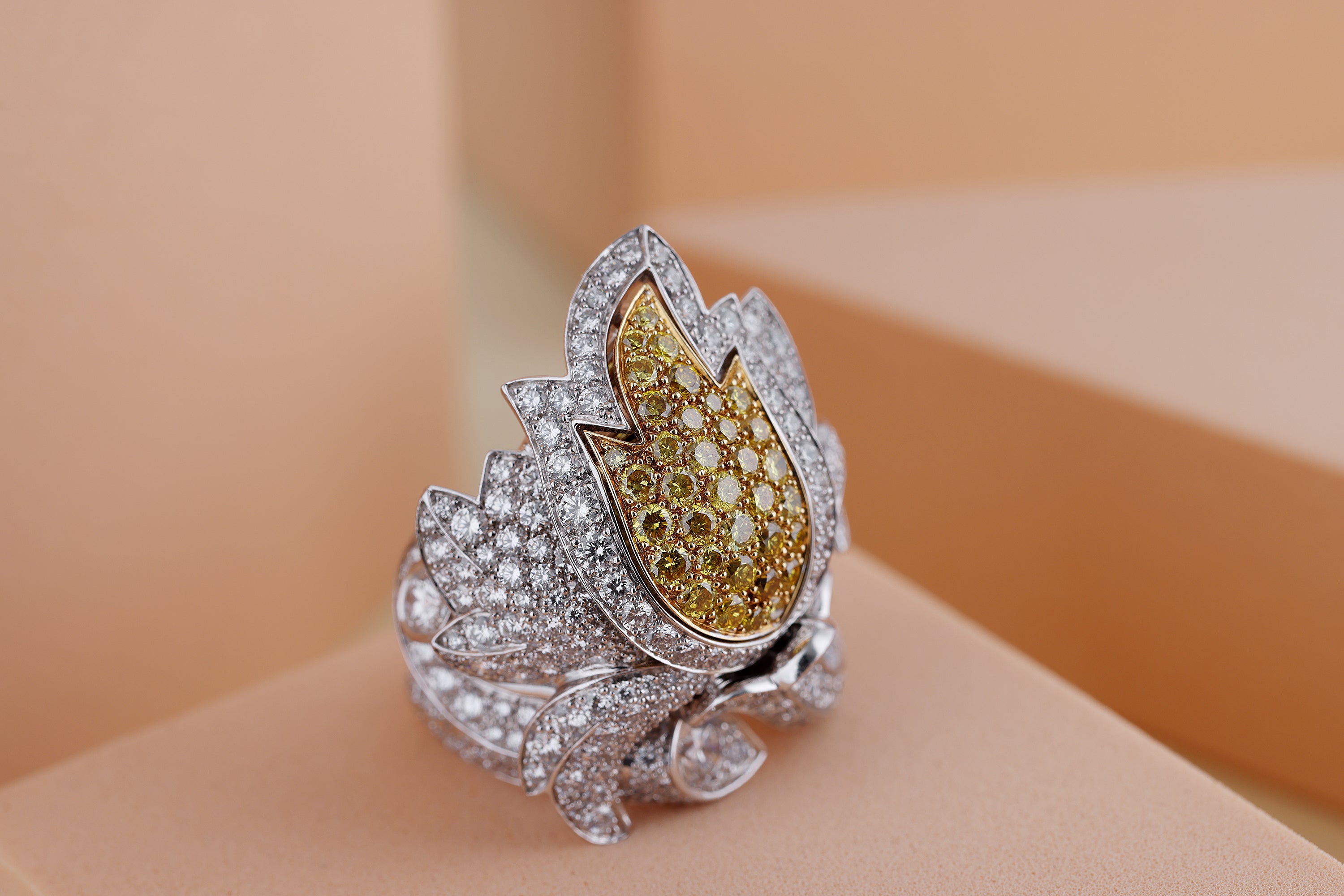 Cartier Platinum Tulip Secret Watch Ring | Pavé Diamonds & Yellow Diamonds | Piece Unique 1 of 1