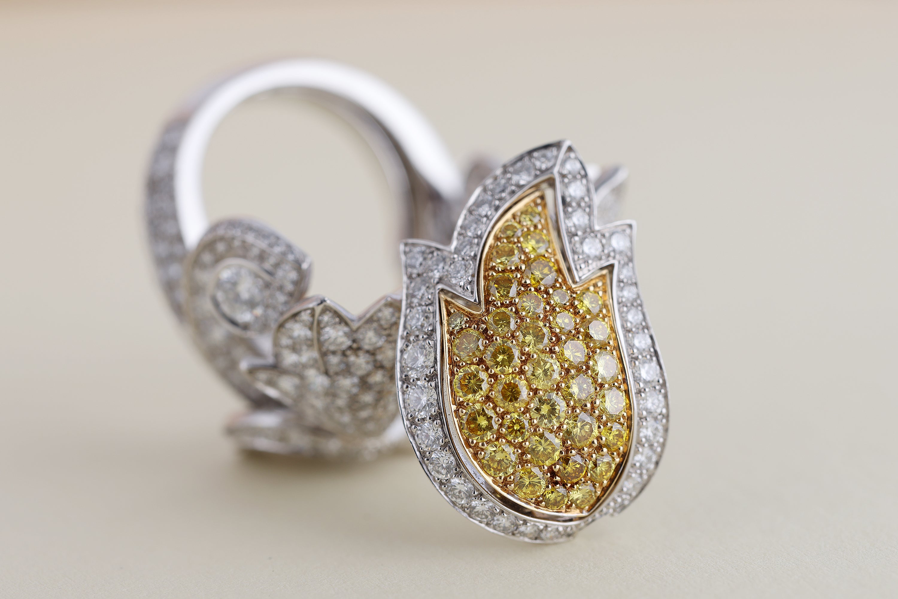 Cartier Platinum Tulip Secret Watch Ring | Pavé Diamonds & Yellow Diamonds | Piece Unique 1 of 1