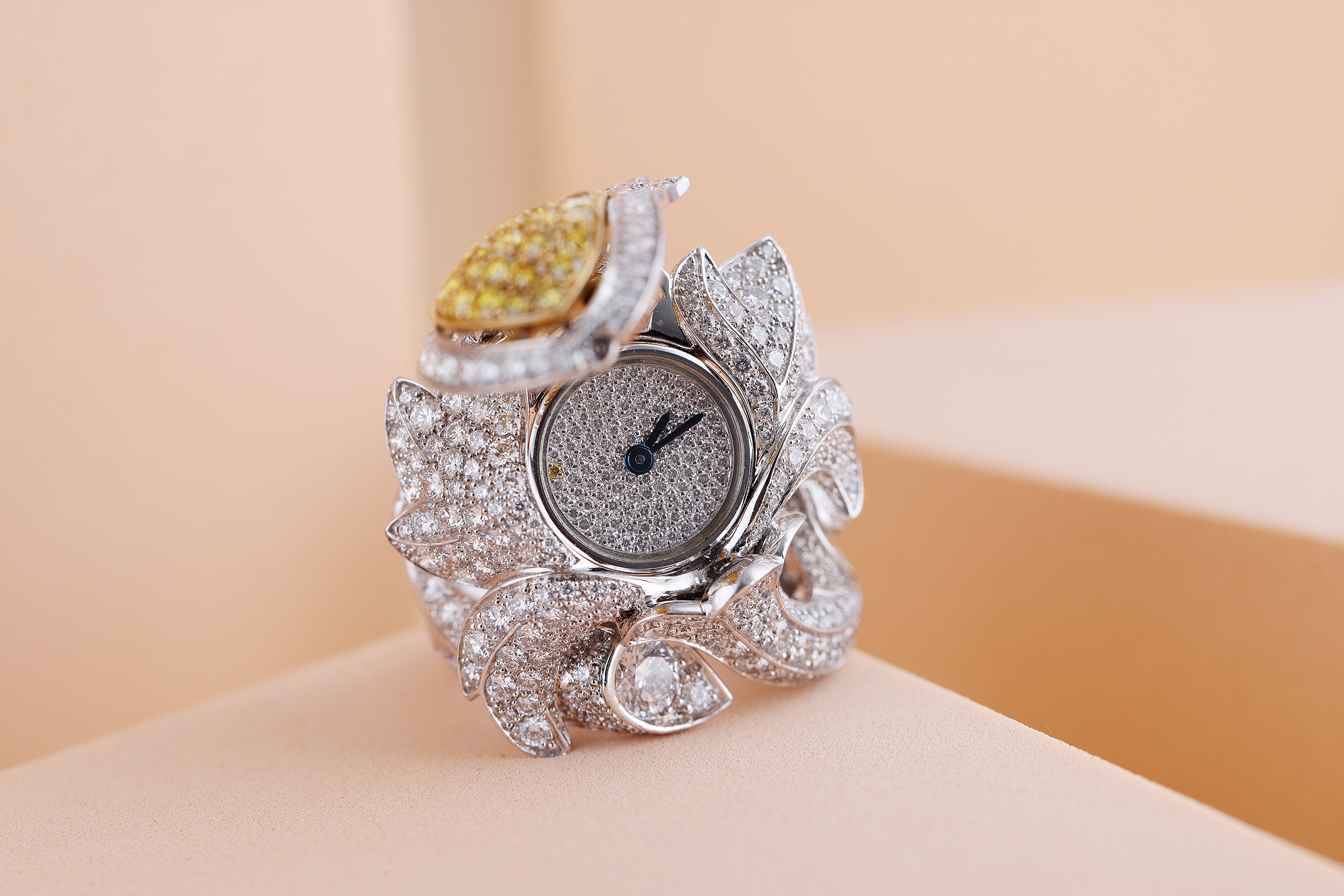 Cartier Platinum Tulip Secret Watch Ring | Pavé Diamonds & Yellow Diamonds | Piece Unique 1 of 1