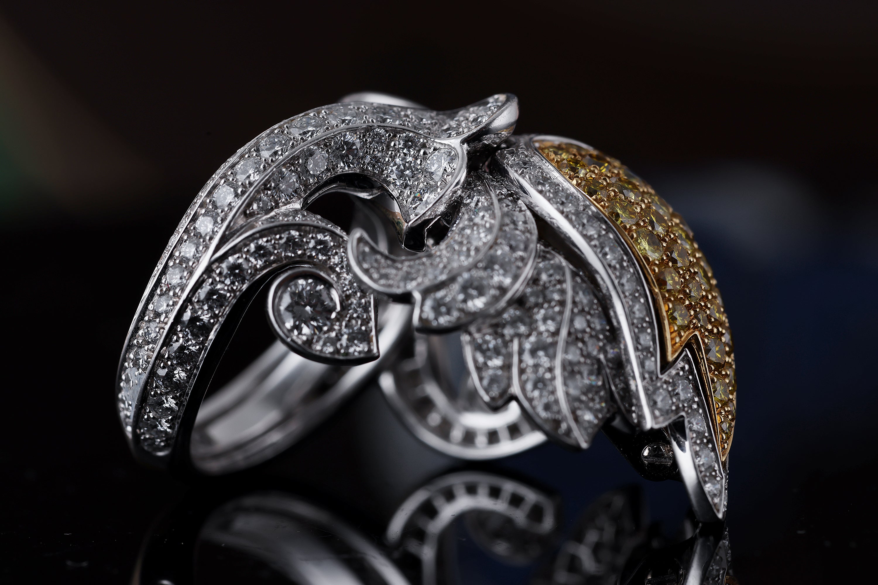 Cartier Platinum Tulip Secret Watch Ring | Pavé Diamonds & Yellow Diamonds | Piece Unique 1 of 1