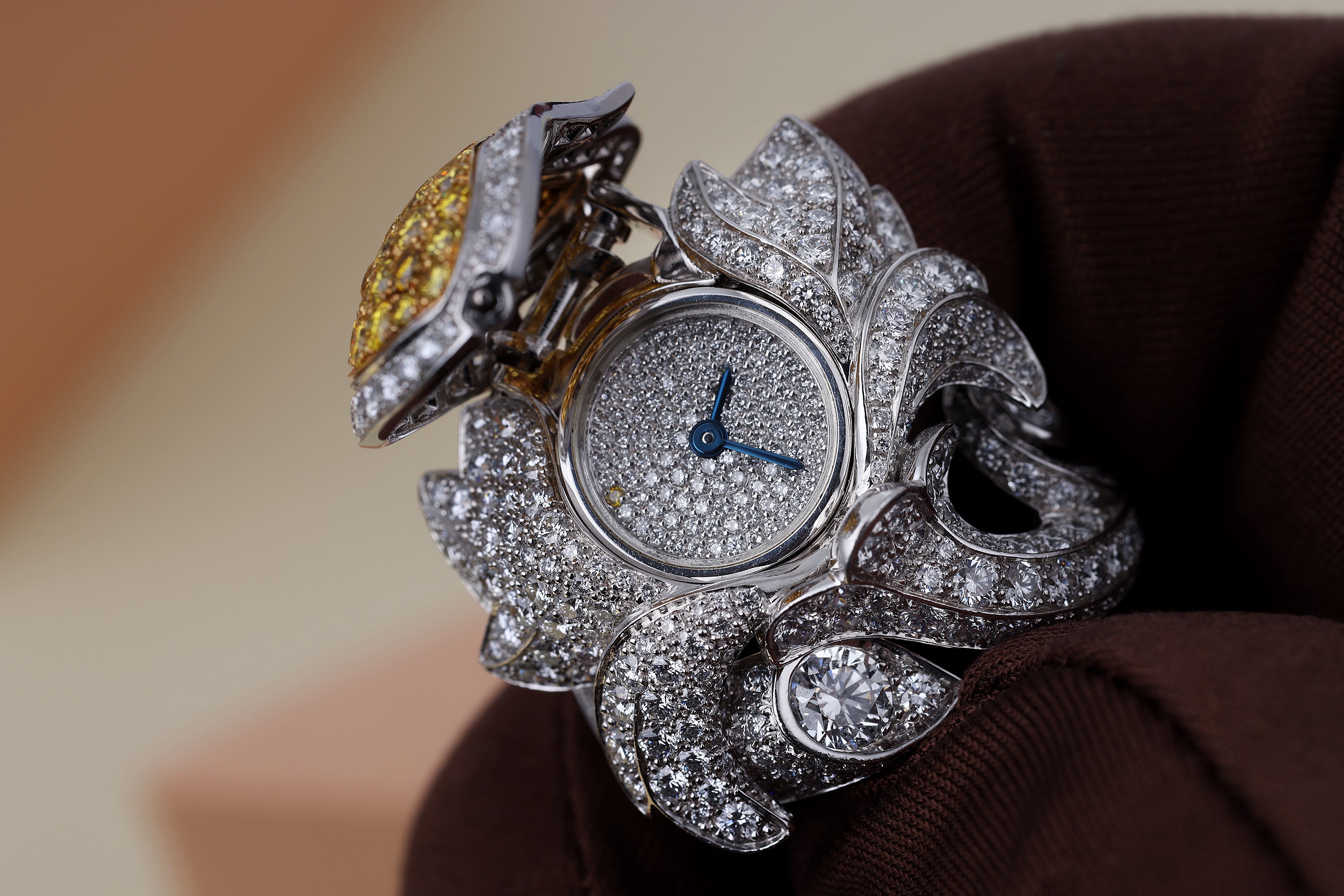 Cartier Platinum Tulip Secret Watch Ring | Pavé Diamonds & Yellow Diamonds | Piece Unique 1 of 1