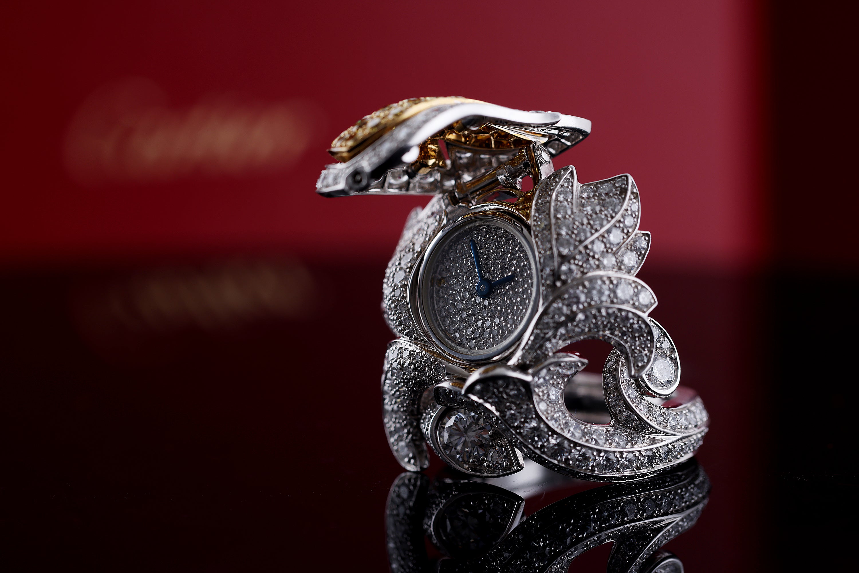 Cartier Platinum Tulip Secret Watch Ring | Pavé Diamonds & Yellow Diamonds | Piece Unique 1 of 1