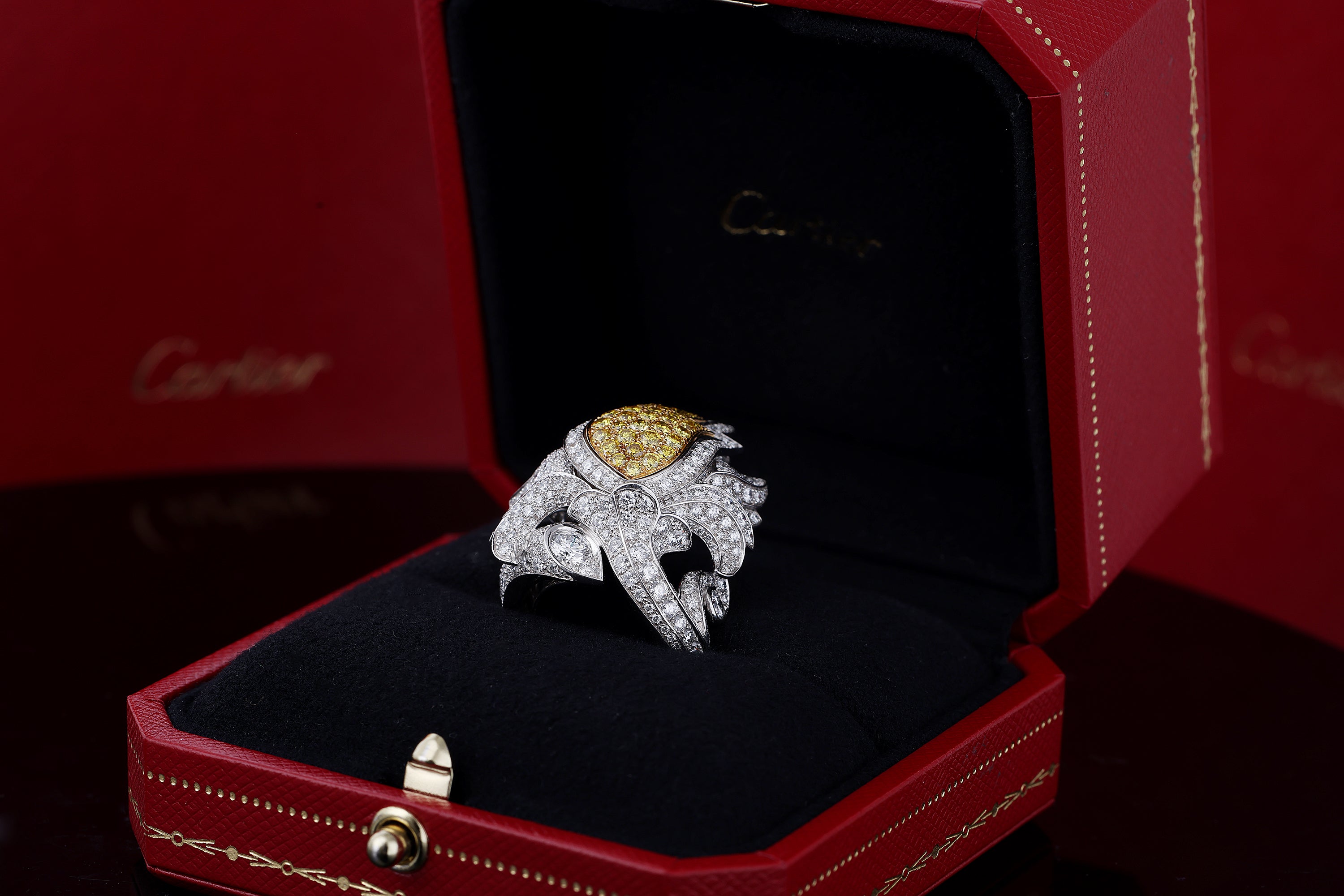 Cartier Platinum Tulip Secret Watch Ring | Pavé Diamonds & Yellow Diamonds | Piece Unique 1 of 1