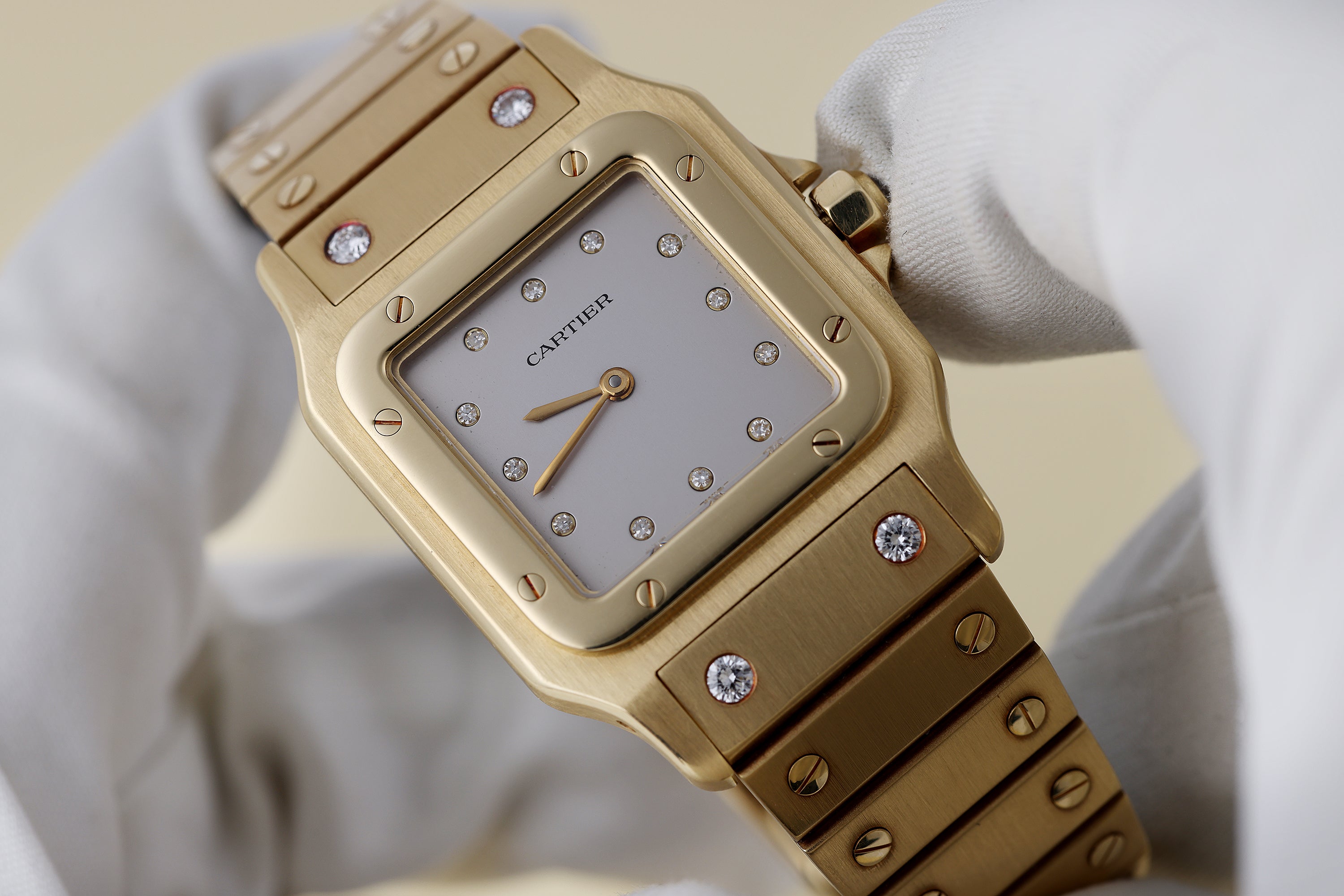 Cartier Santos Carrée Automatique | REF. 2960 | Ivory Grey Diamond Dial | Diamond End-links | 18k Yellow Gold | 29mm | 1980's