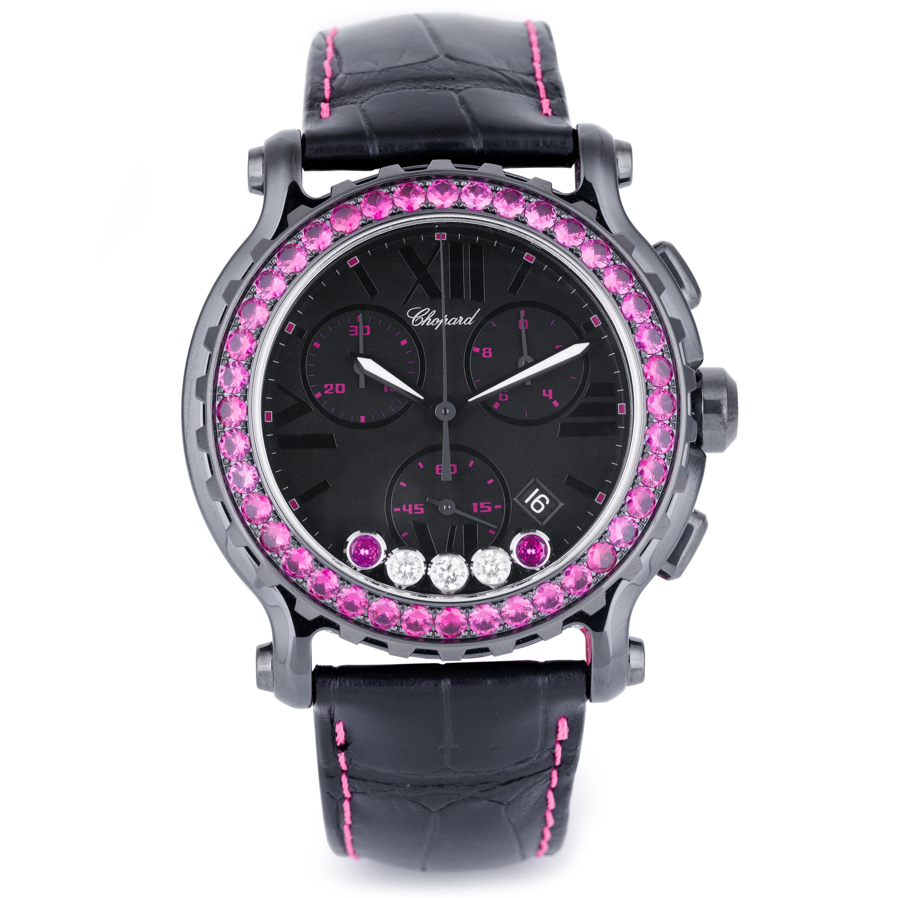 Chopard Happy Sport Chronograph | REF. 8515 | Black Ceramic | Diamonds & Pink Sapphires | 42mm | Quartz | 2000's | Box