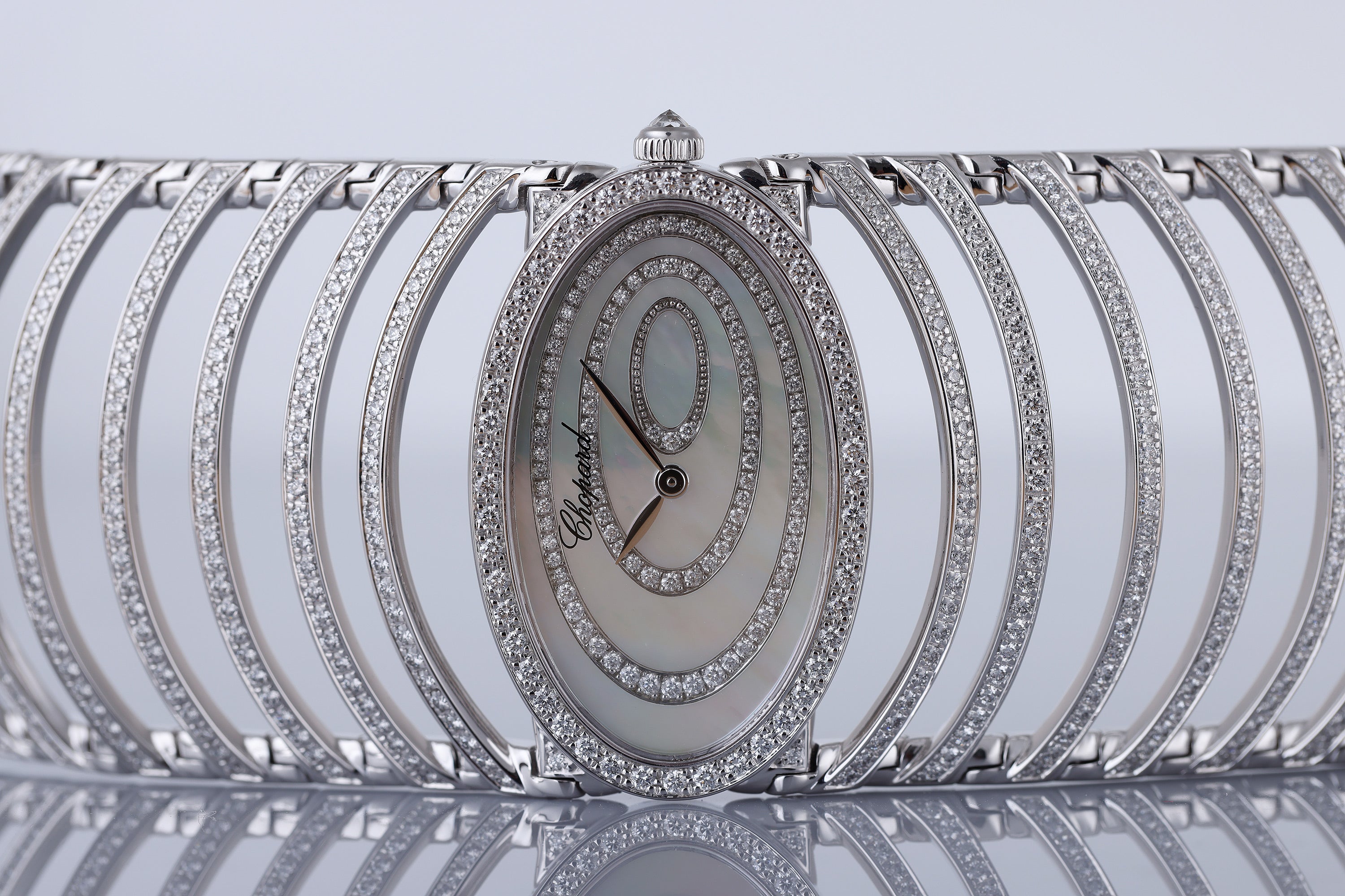 Chopard Bangle Watch | REF. 109171-1001 | Mother of Pearl Diamond Dial | 18k White Gold | Pave Diamond Bezel & Bracelet | 35mm | Chopard Service Papers + 12 Month's Warranty