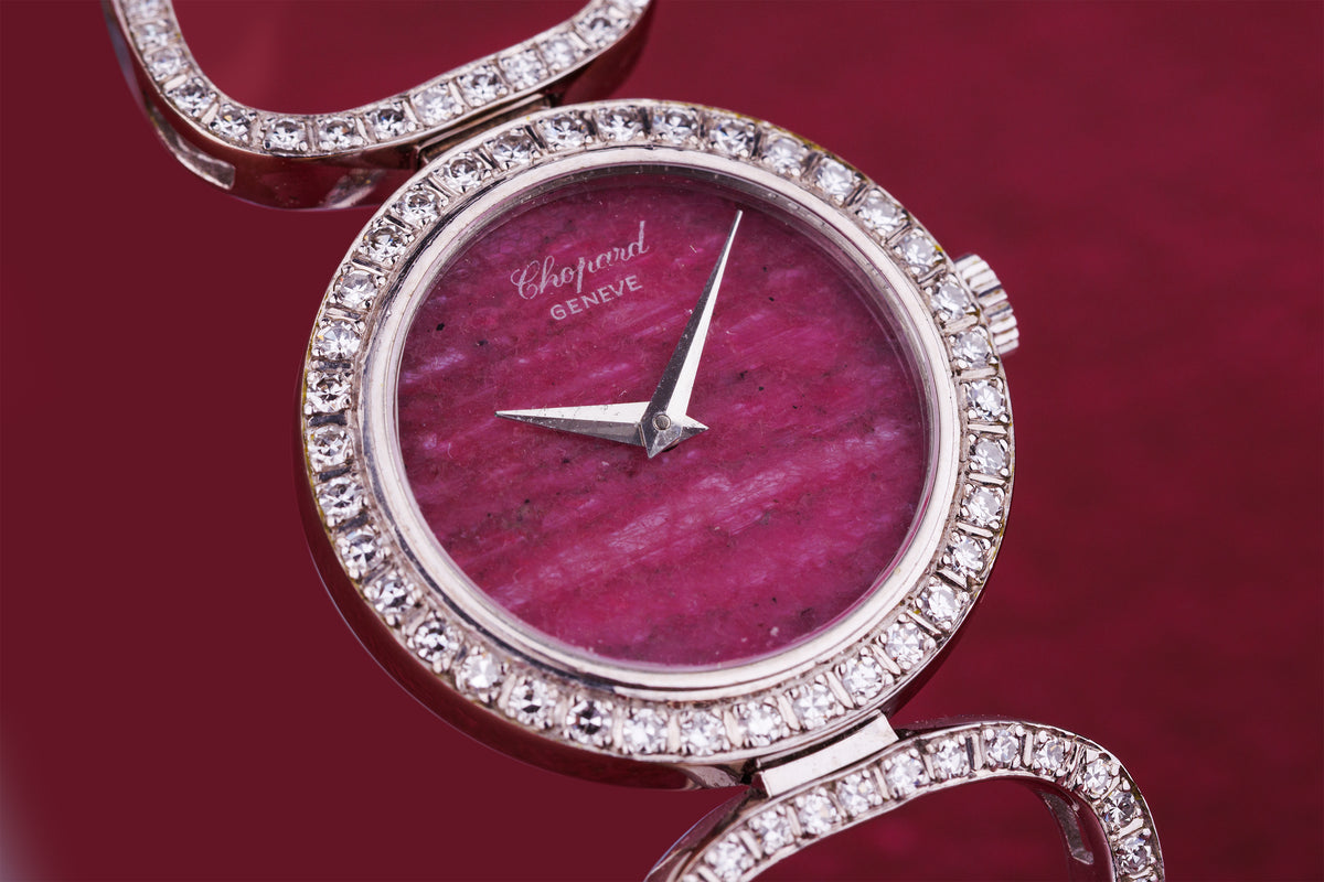 Chopard 1970's Ladies Wristwatch | Pink Rubelite Stone Dial | Pavé Diamonds | 18k White Gold | Manual Wind | 25mm