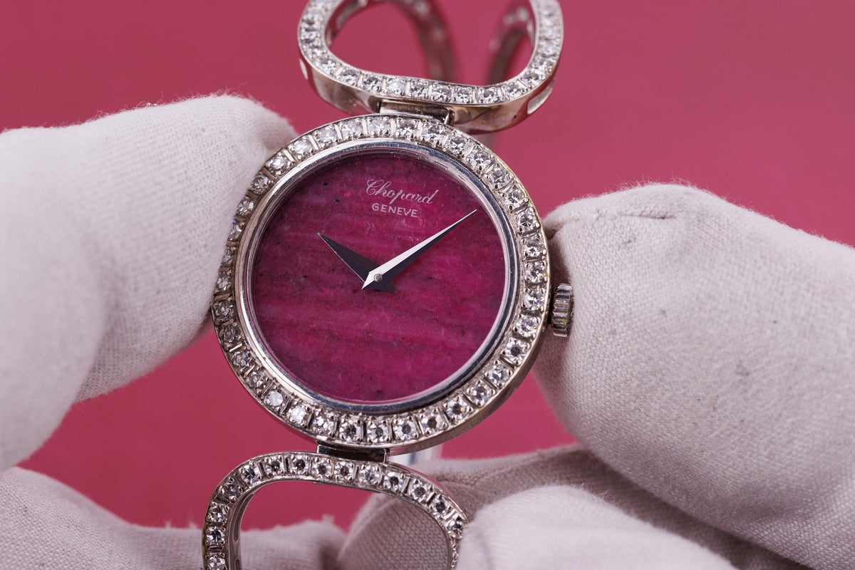 Chopard 1970's Ladies Wristwatch | Pink Rubelite Stone Dial | Pavé Diamonds | 18k White Gold | Manual Wind | 25mm