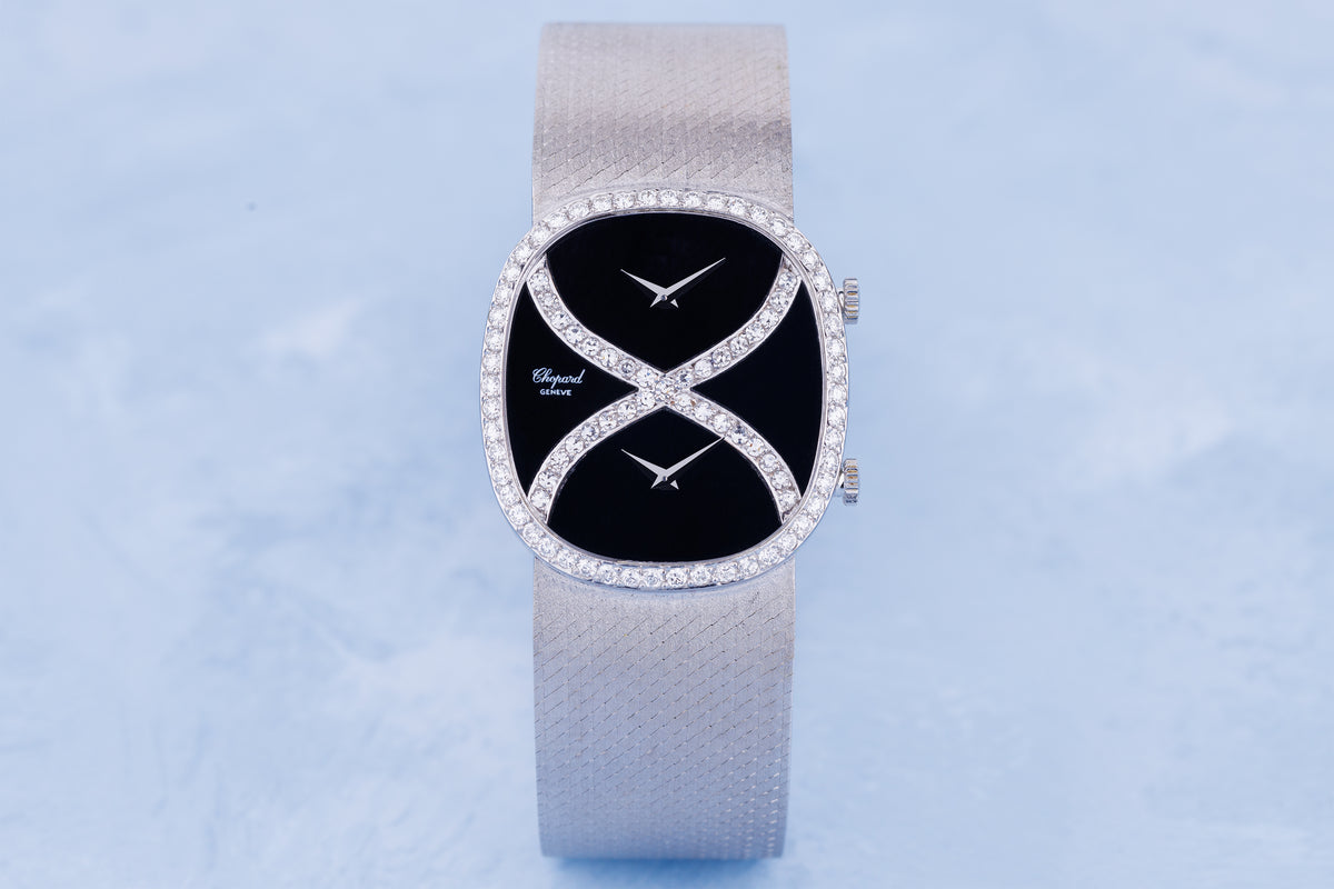 Chopard 1970's Wristwatch | REF. 2404 1 | Onyx & Diamonds | Dual Time Zone | 18k White Gold | Manual Wind | 30.5mm