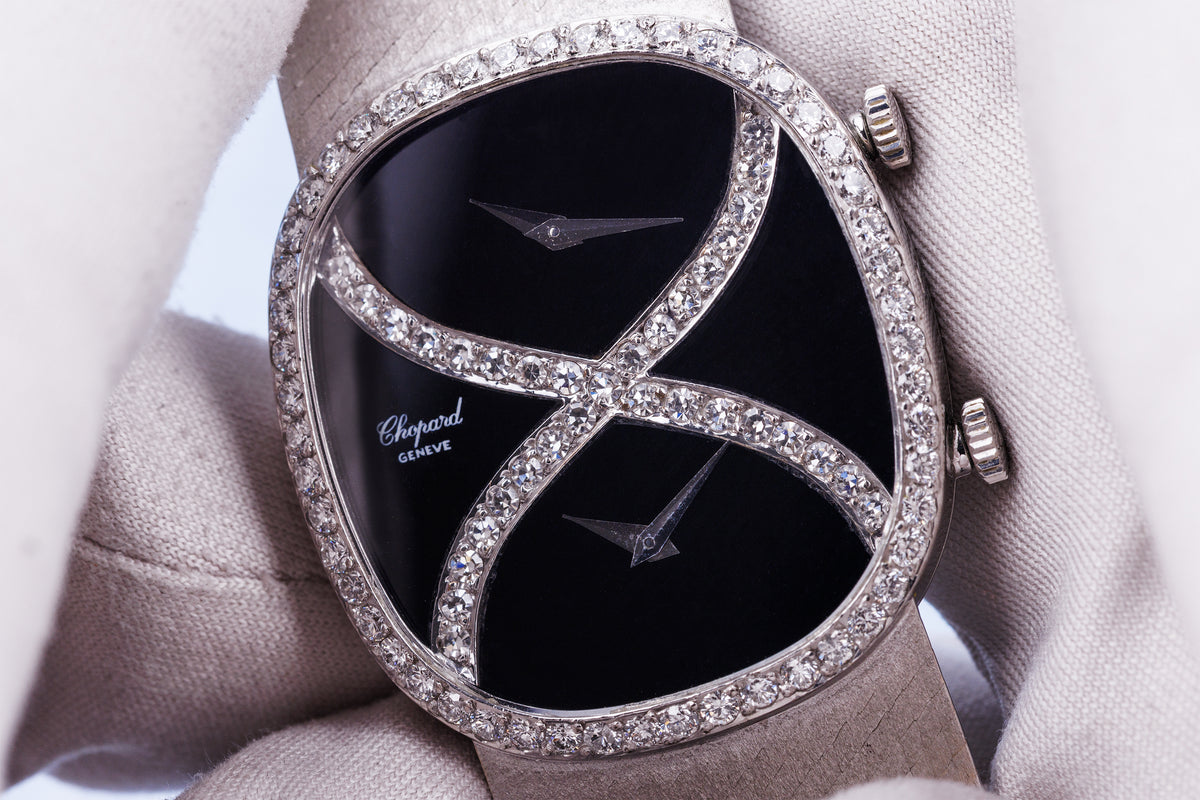 Chopard 1970's Wristwatch | REF. 2404 1 | Onyx & Diamonds | Dual Time Zone | 18k White Gold | Manual Wind | 30.5mm