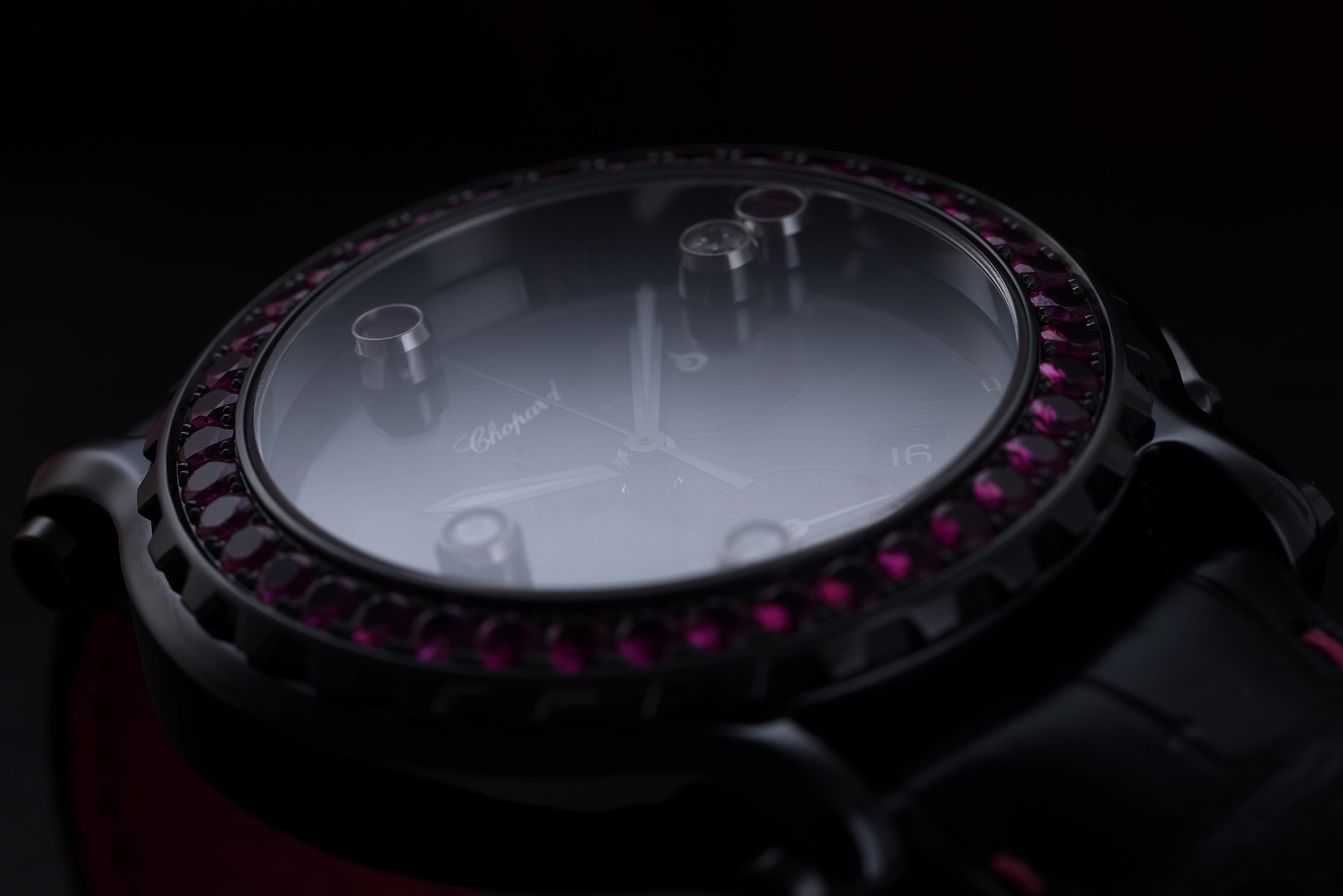 Chopard Happy Sport Chronograph | REF. 8515 | Black Ceramic | Diamonds & Pink Sapphires | 42mm | Quartz | 2000's | Box