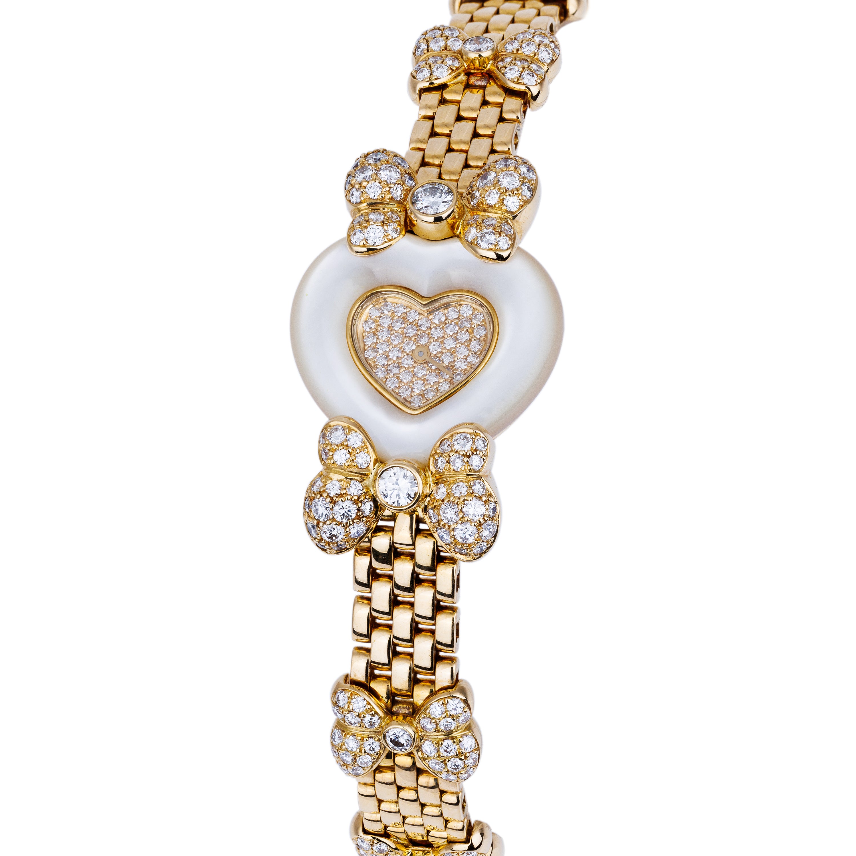 Chopard Ladies Watch | Heart-Shaped Mother of Pearl Bezel | REF. 538 1 | Pave Diamond Dial & Bow Bracelet | 18k Yellow Gold | 25mm | 1990's