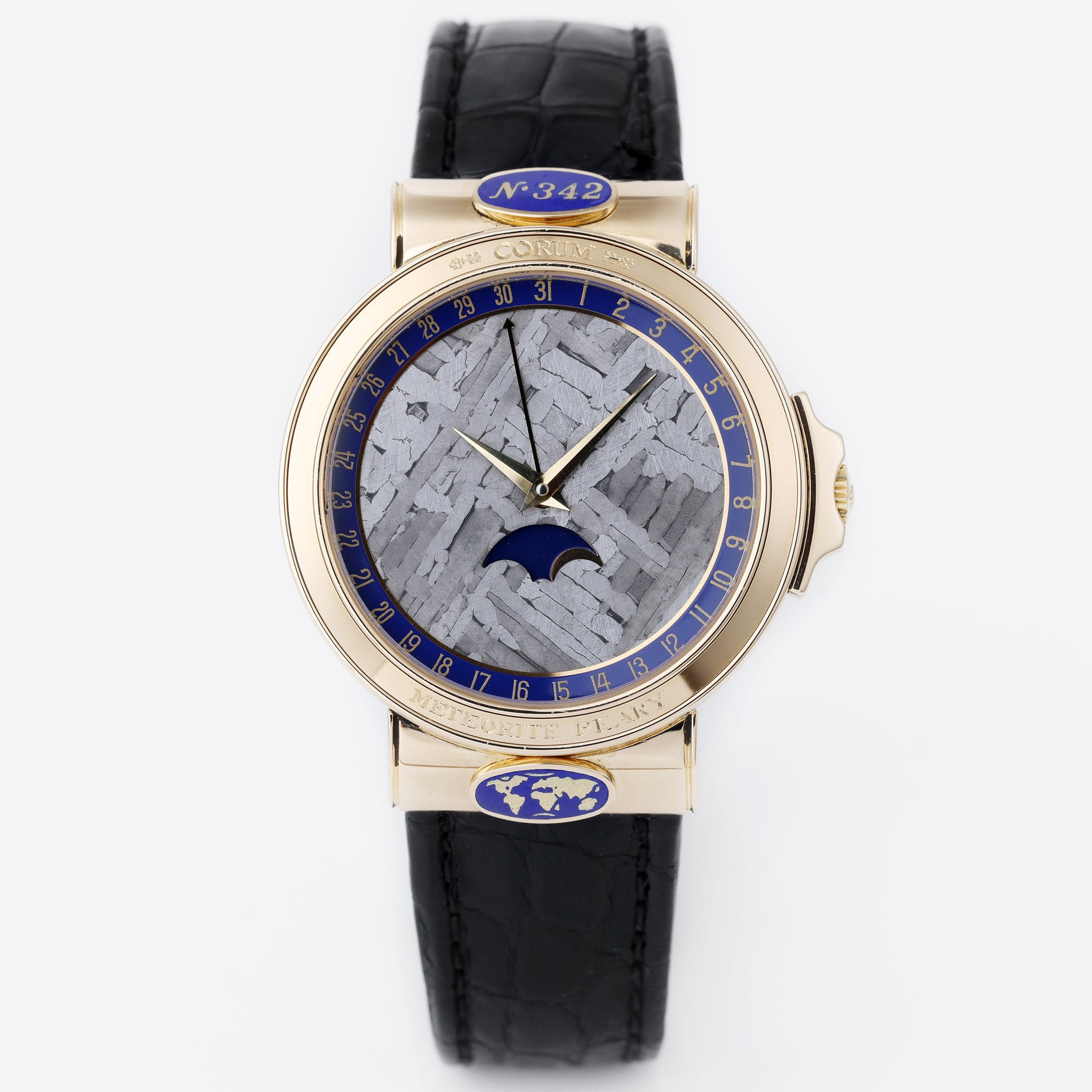 Corum 'Meteorite Peary' | REF. 81.450.56 | Moonphase & Date Display | Meteorite Dial | Blue Enamel | 18k Yellow Gold | Circa 1990's