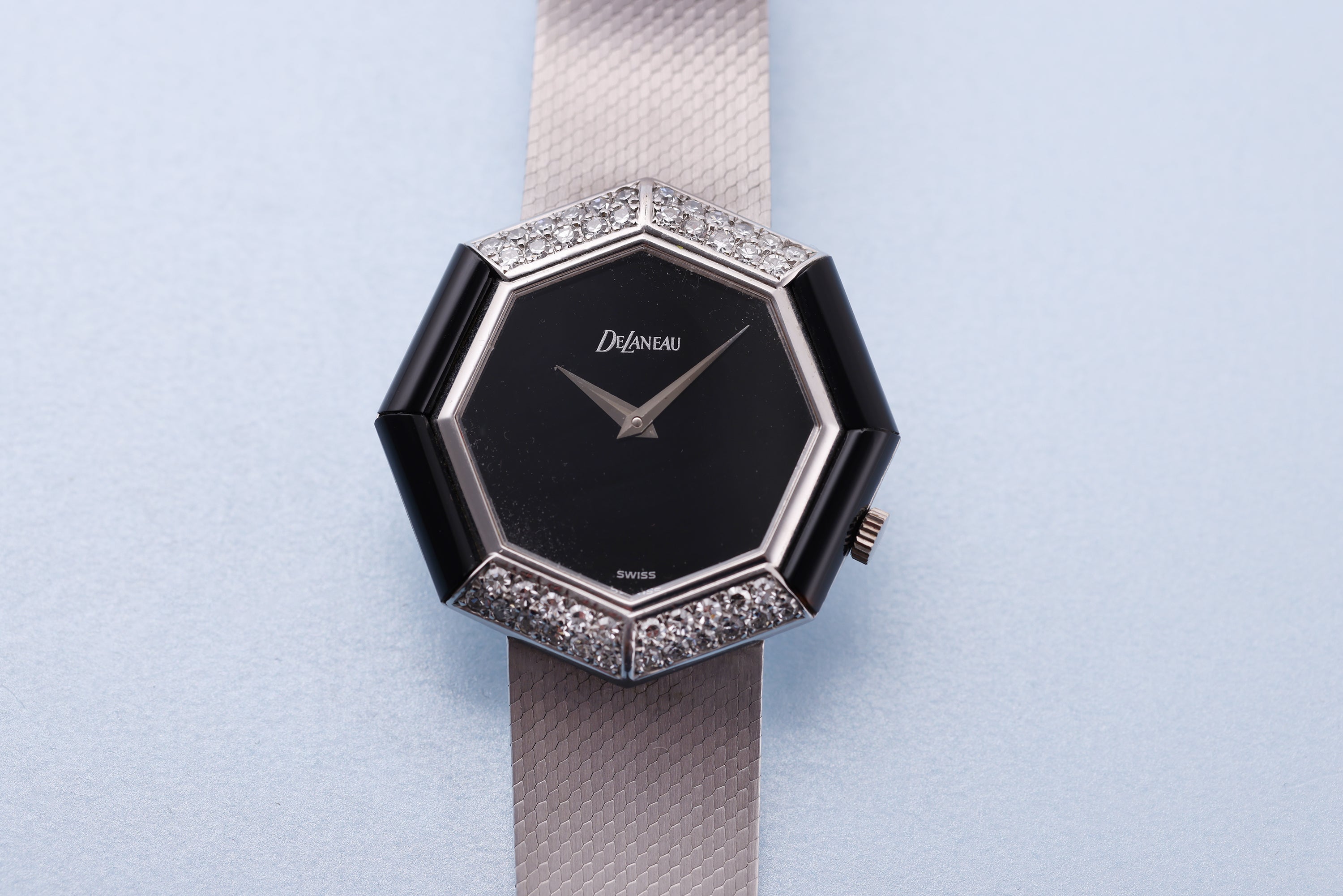 DeLaneau 1970's Wristwatch | Onyx & Diamonds | 18k White Gold | 36.5mm | Manual Wind