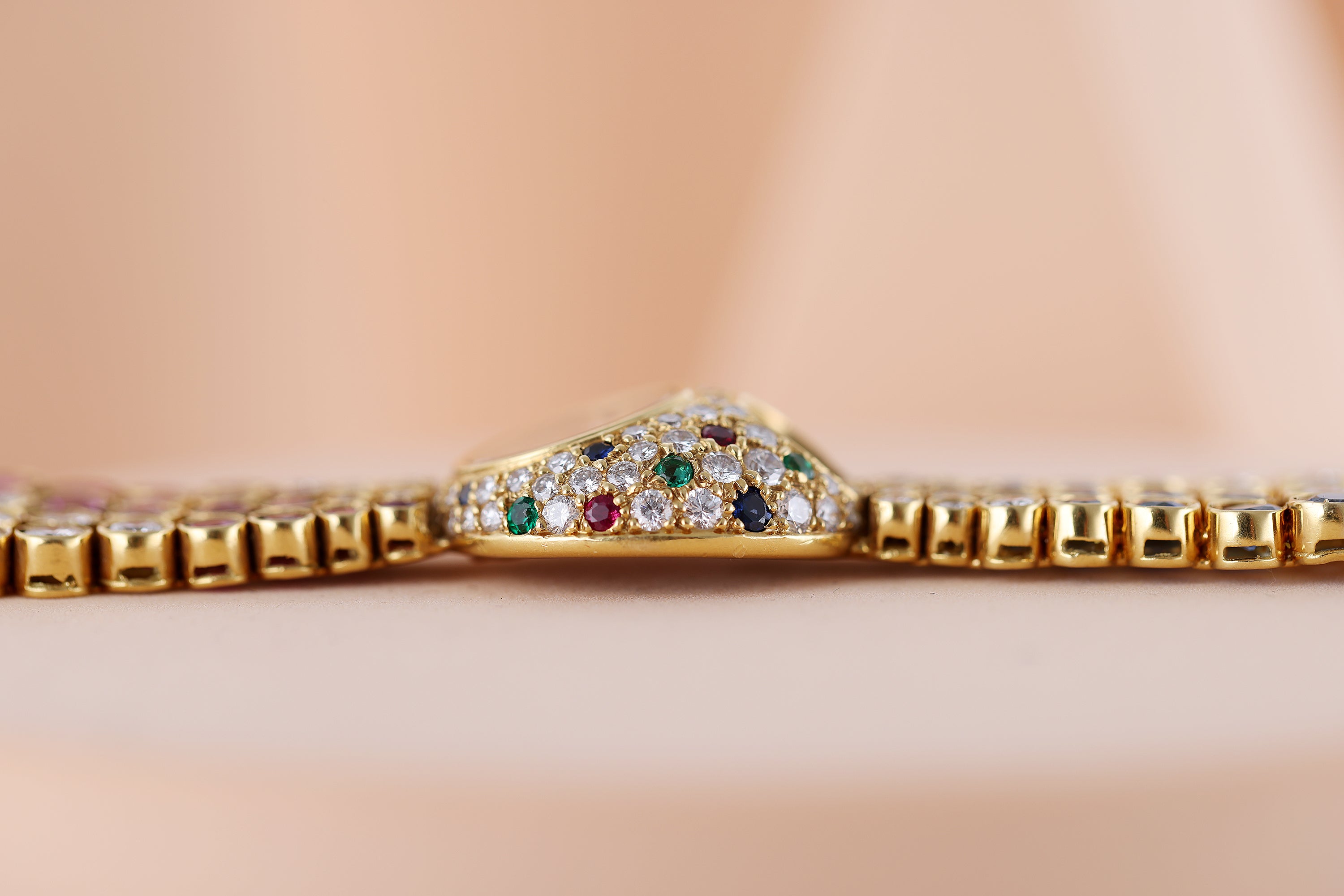 DeLaneau Ladies 1990's Watch | Diamond, Ruby, Sapphire & Emerald | 20.5mm | 18k Yellow Gold