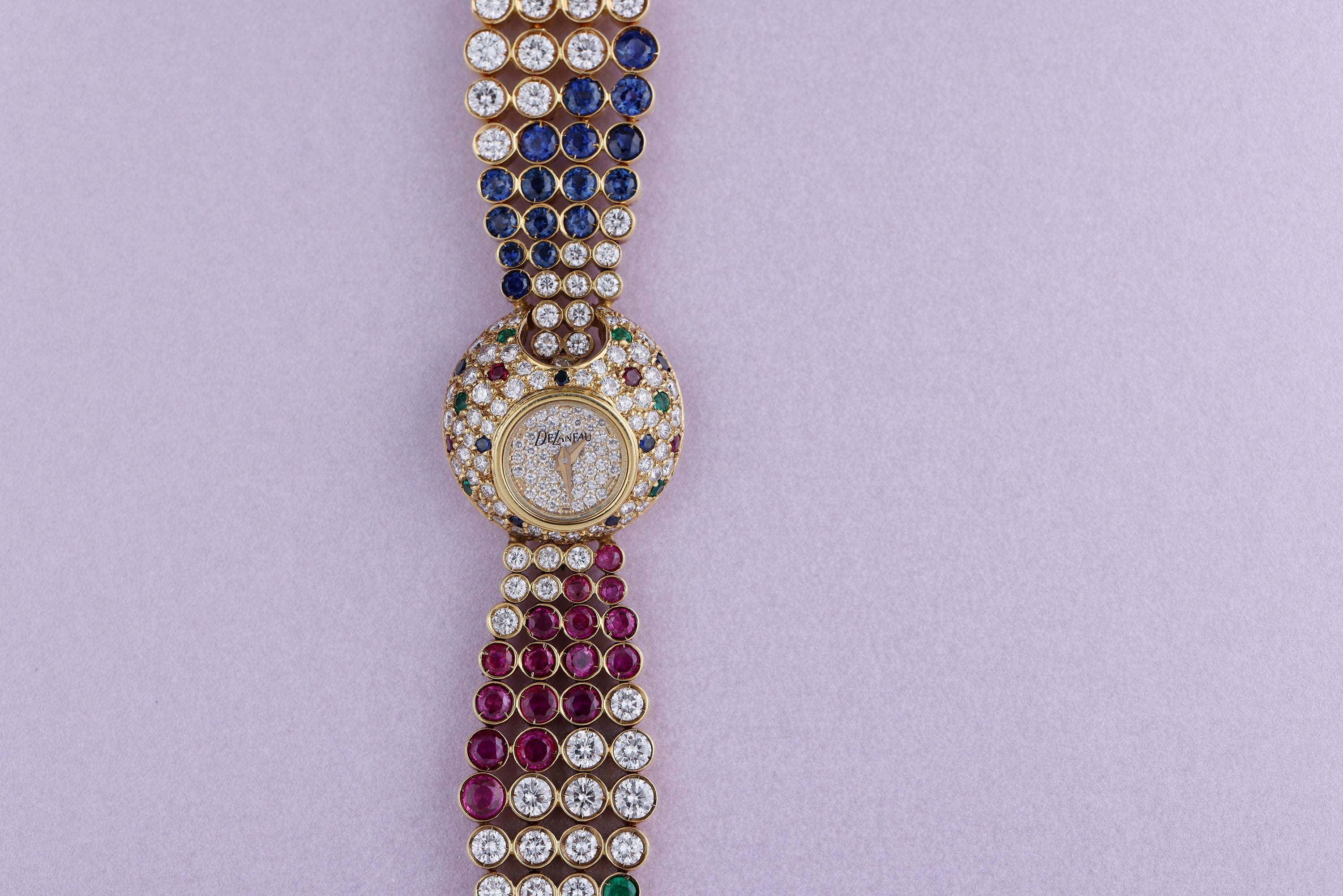DeLaneau Ladies 1990's Watch | Diamond, Ruby, Sapphire & Emerald | 20.5mm | 18k Yellow Gold