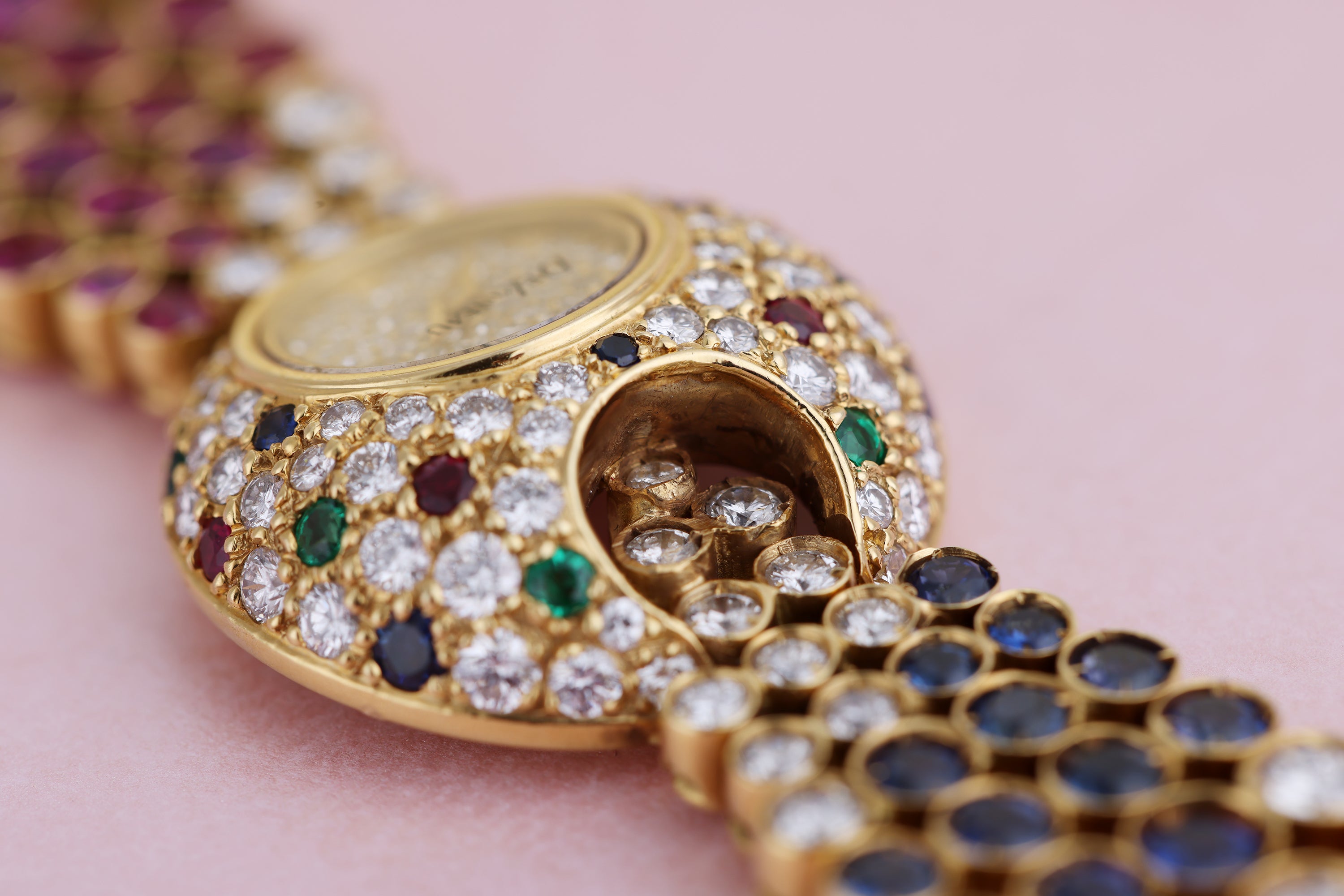 DeLaneau Ladies 1990's Watch | Diamond, Ruby, Sapphire & Emerald | 20.5mm | 18k Yellow Gold