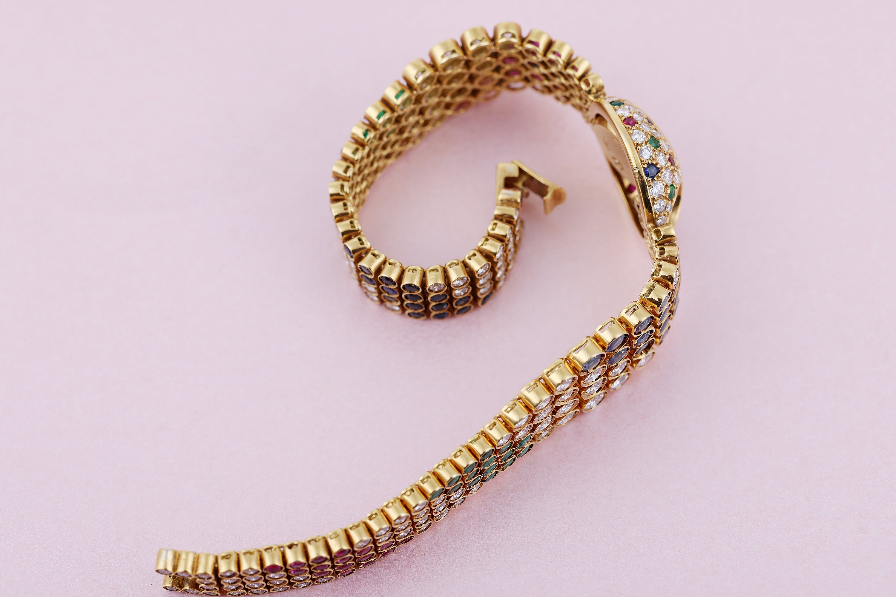 DeLaneau Ladies 1990's Watch | Diamond, Ruby, Sapphire & Emerald | 20.5mm | 18k Yellow Gold